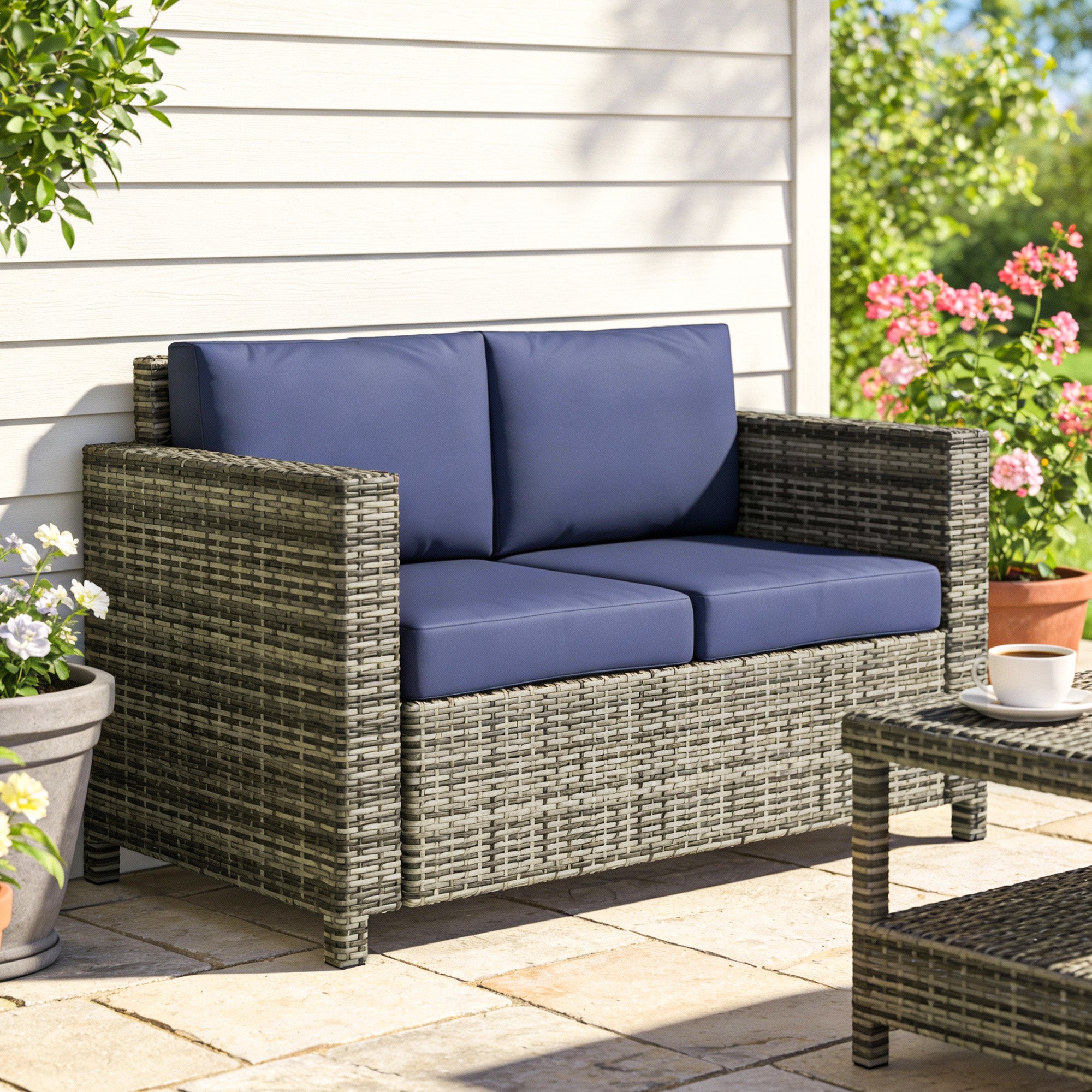 Wicker Outdoor Loveseat - Dark Blue All-Weather Patio Sofa-DECOROLALA