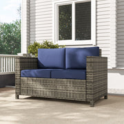Wicker Outdoor Loveseat - Dark Blue All-Weather Patio Sofa-DECOROLALA