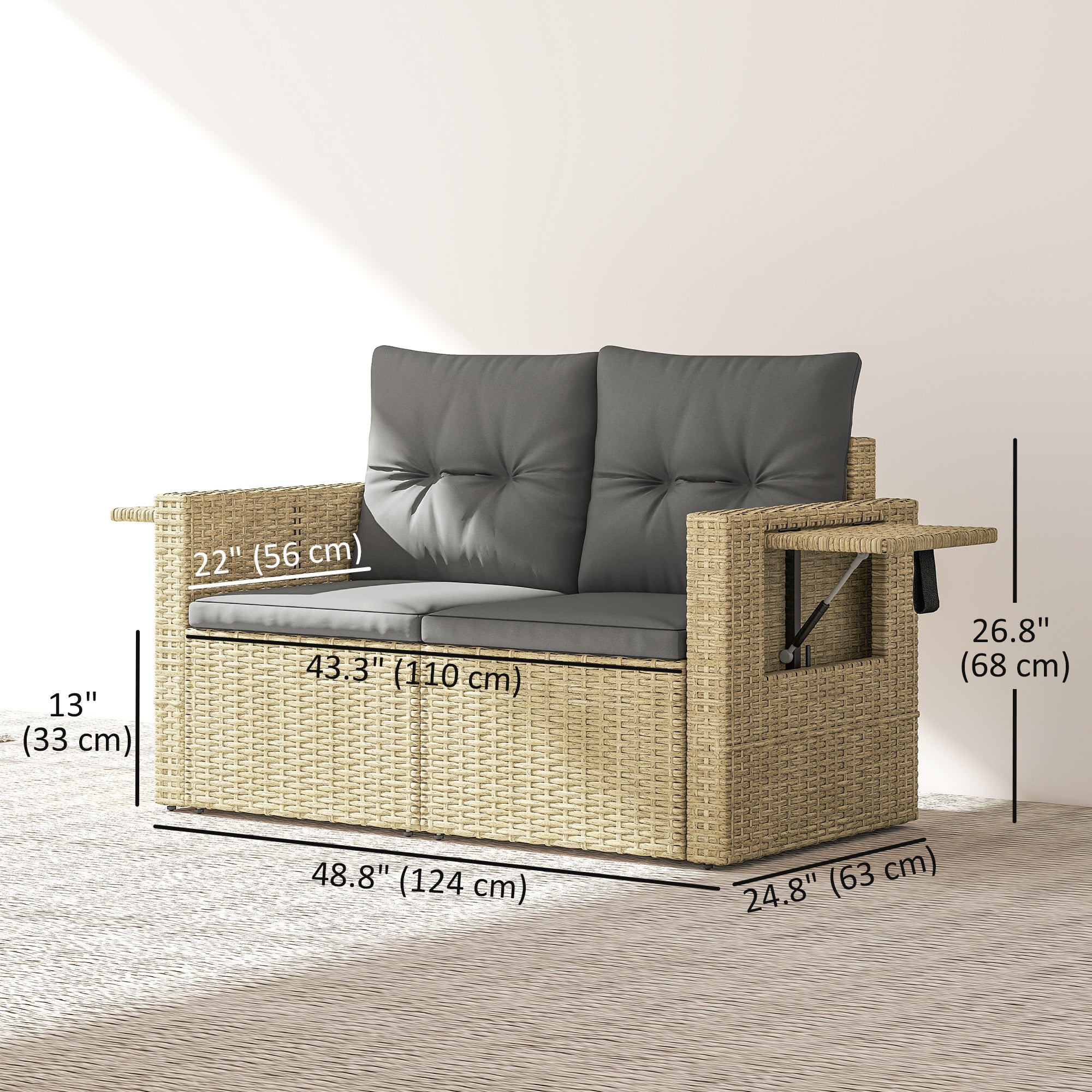Wicker Outdoor Loveseat with Side Trays - Light Grey-DECOROLALA