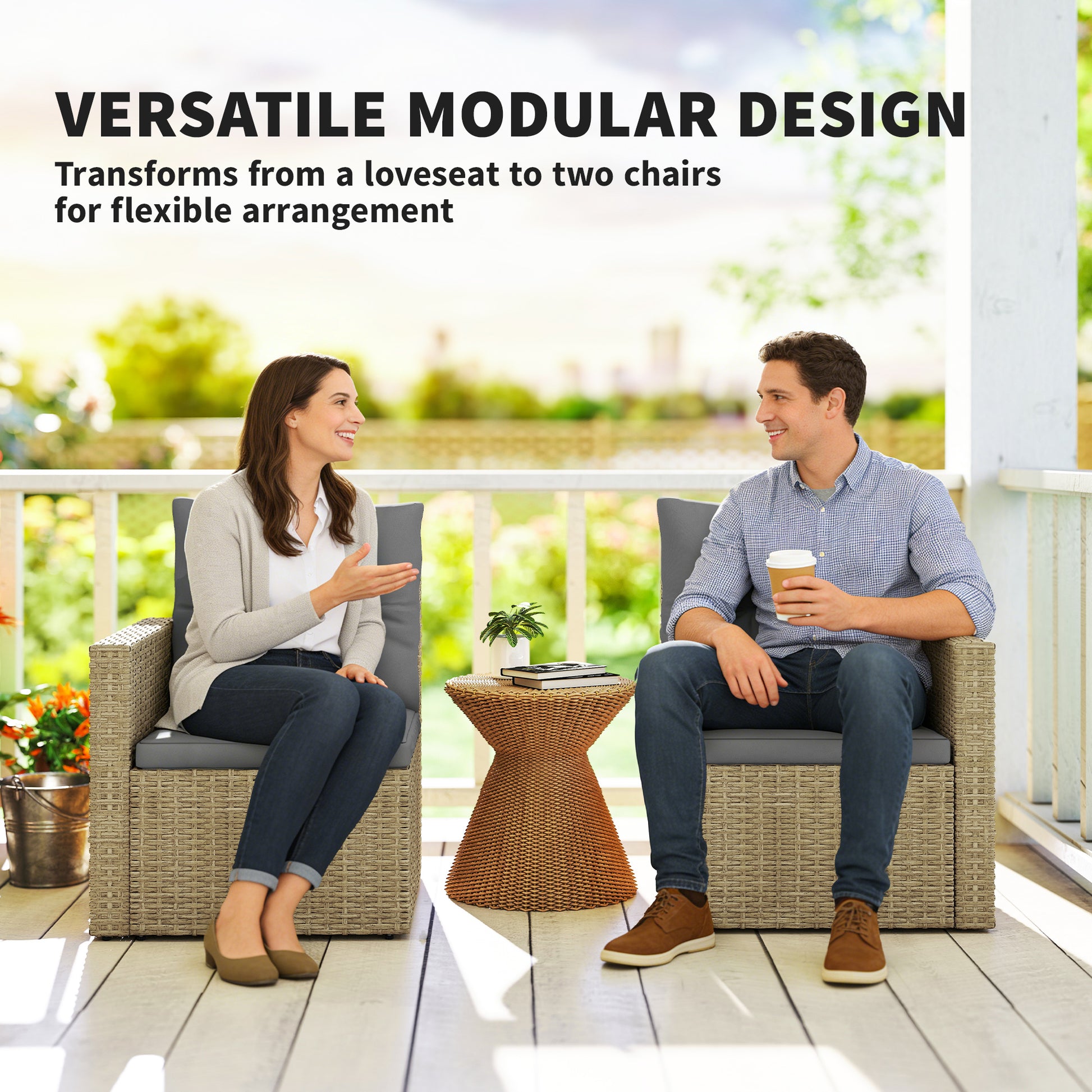 Wicker Outdoor Loveseat with Side Trays - Light Grey-DECOROLALA
