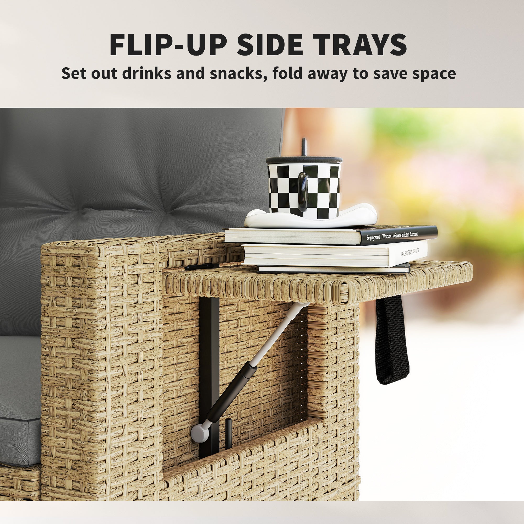 Wicker Outdoor Loveseat with Side Trays - Light Grey-DECOROLALA
