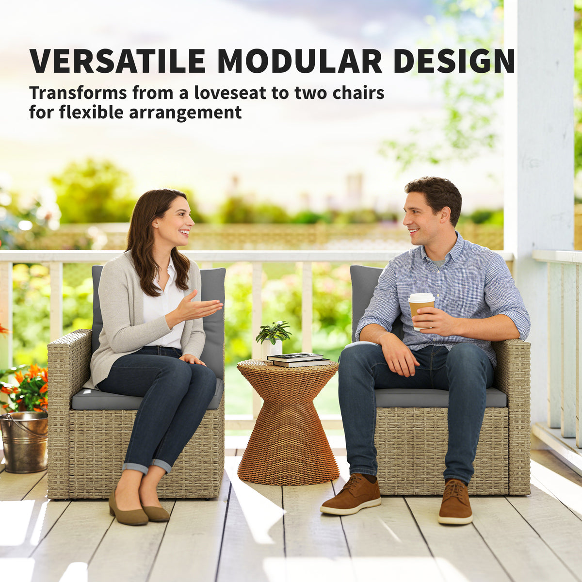 Wicker Outdoor Loveseat with Side Trays - Light Grey-DECOROLALA