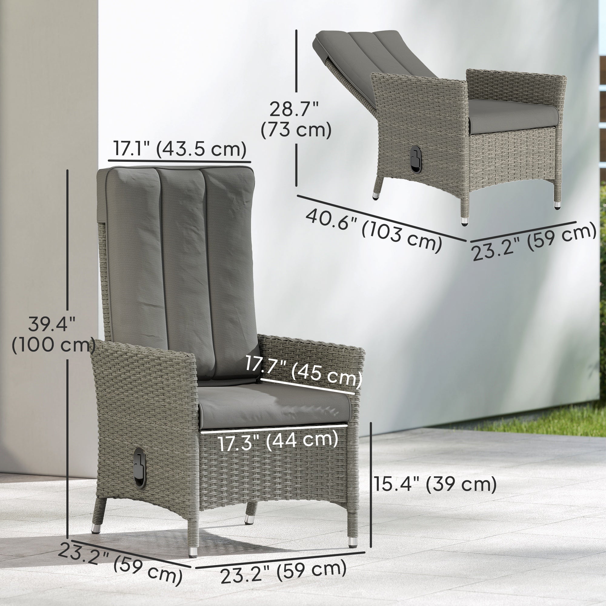 Wicker Outdoor Recliner Chair with Cushion - Grey-DECOROLALA