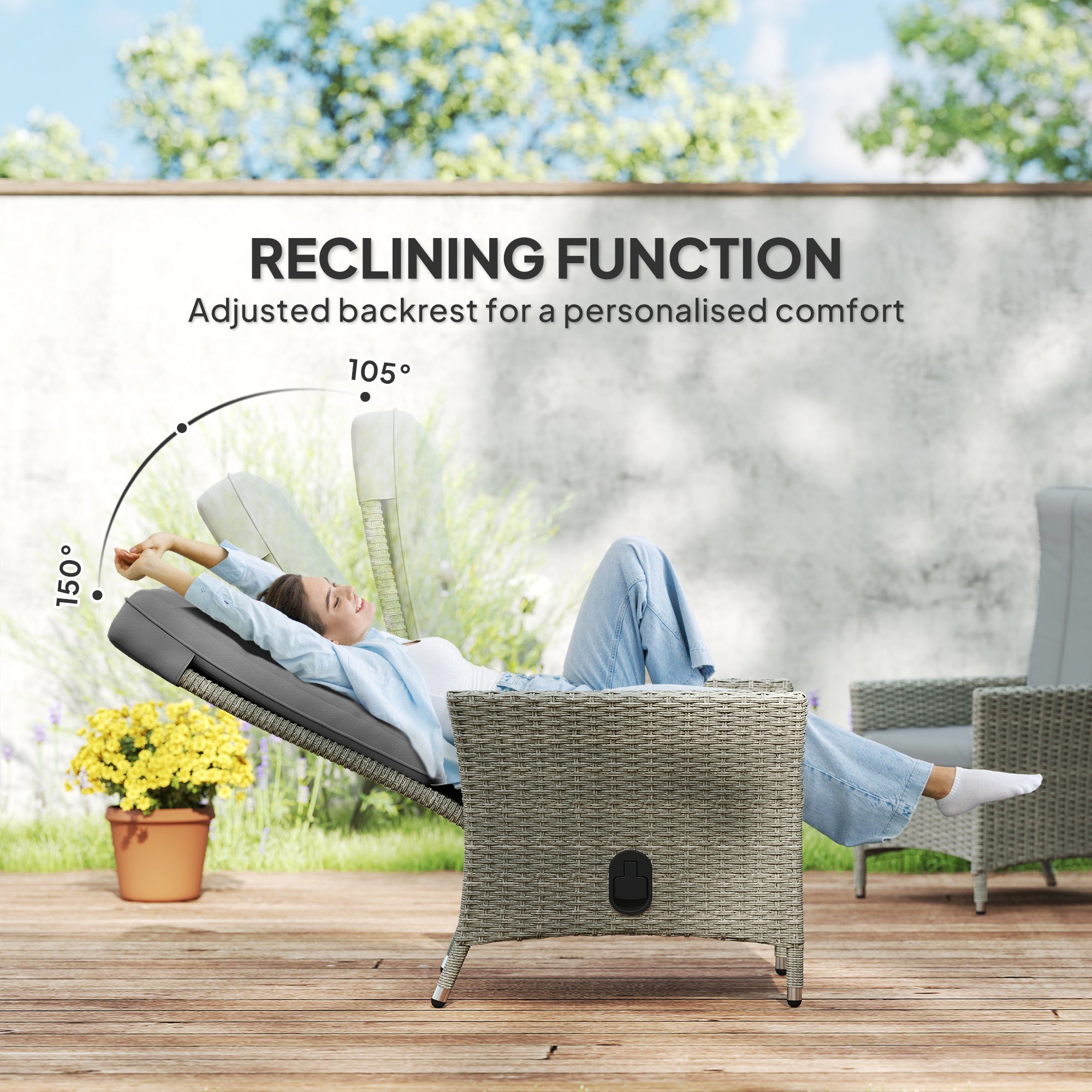 Wicker Outdoor Recliner Chair with Cushion - Grey-DECOROLALA