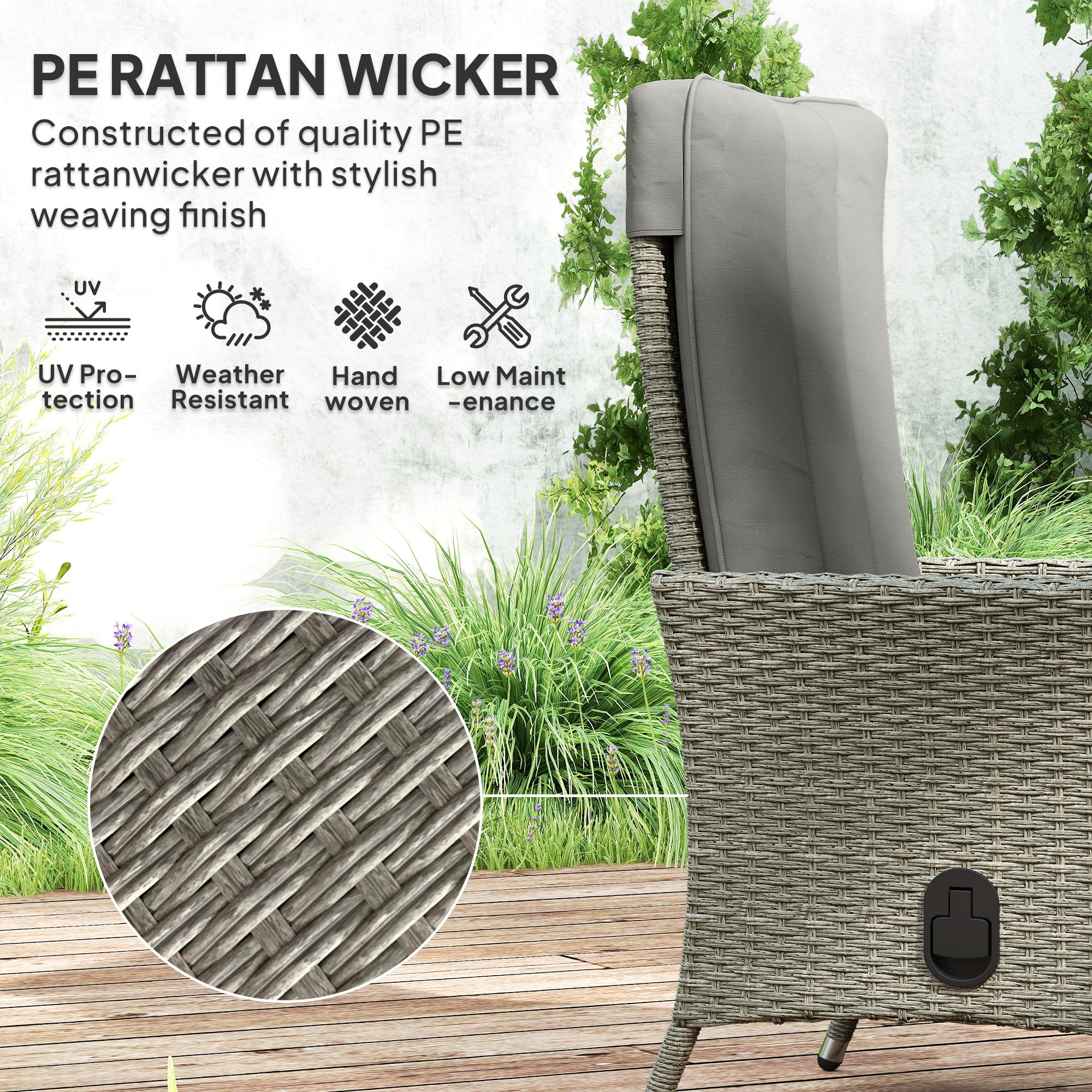 Wicker Outdoor Recliner Chair with Cushion - Grey-DECOROLALA