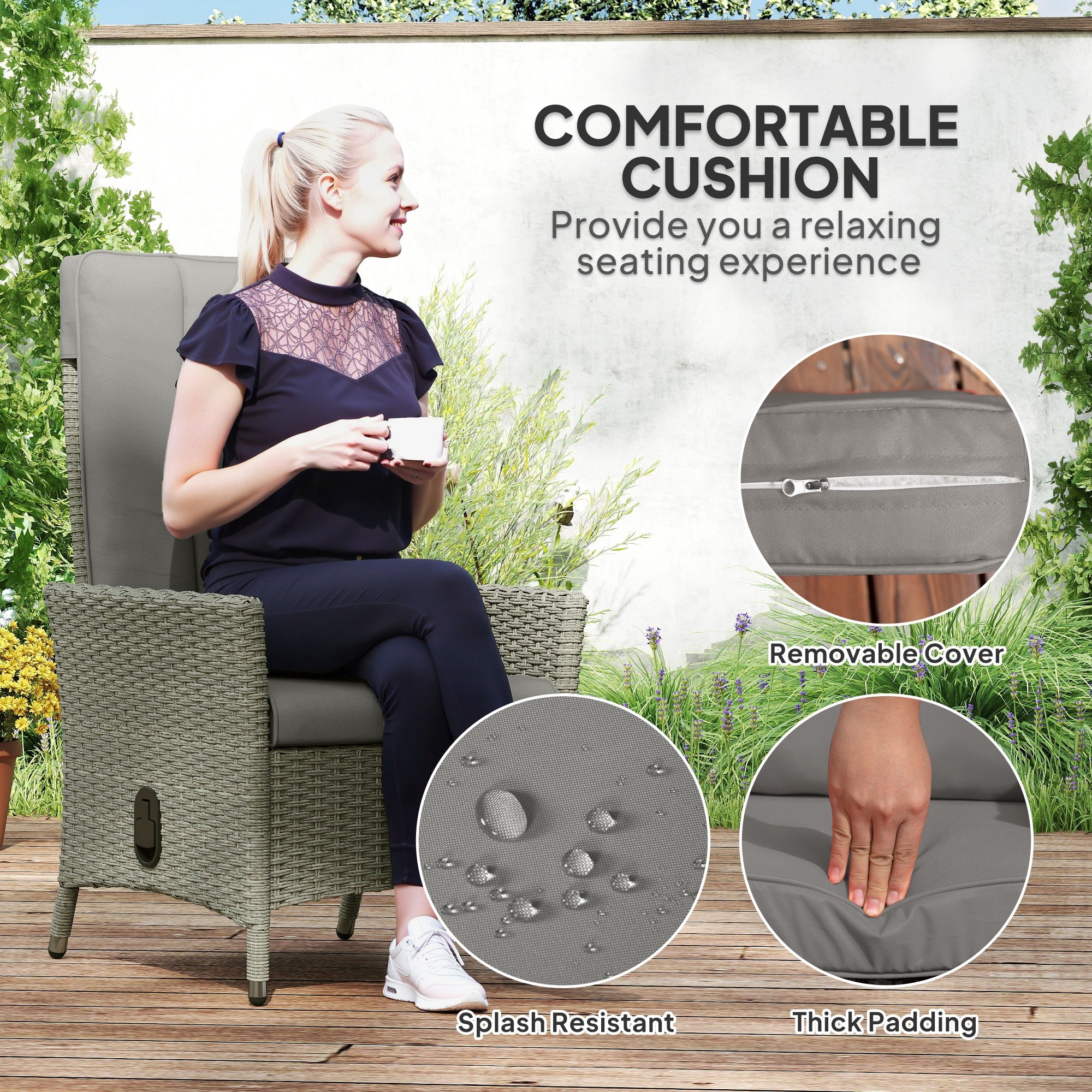 Wicker Outdoor Recliner Chair with Cushion - Grey-DECOROLALA