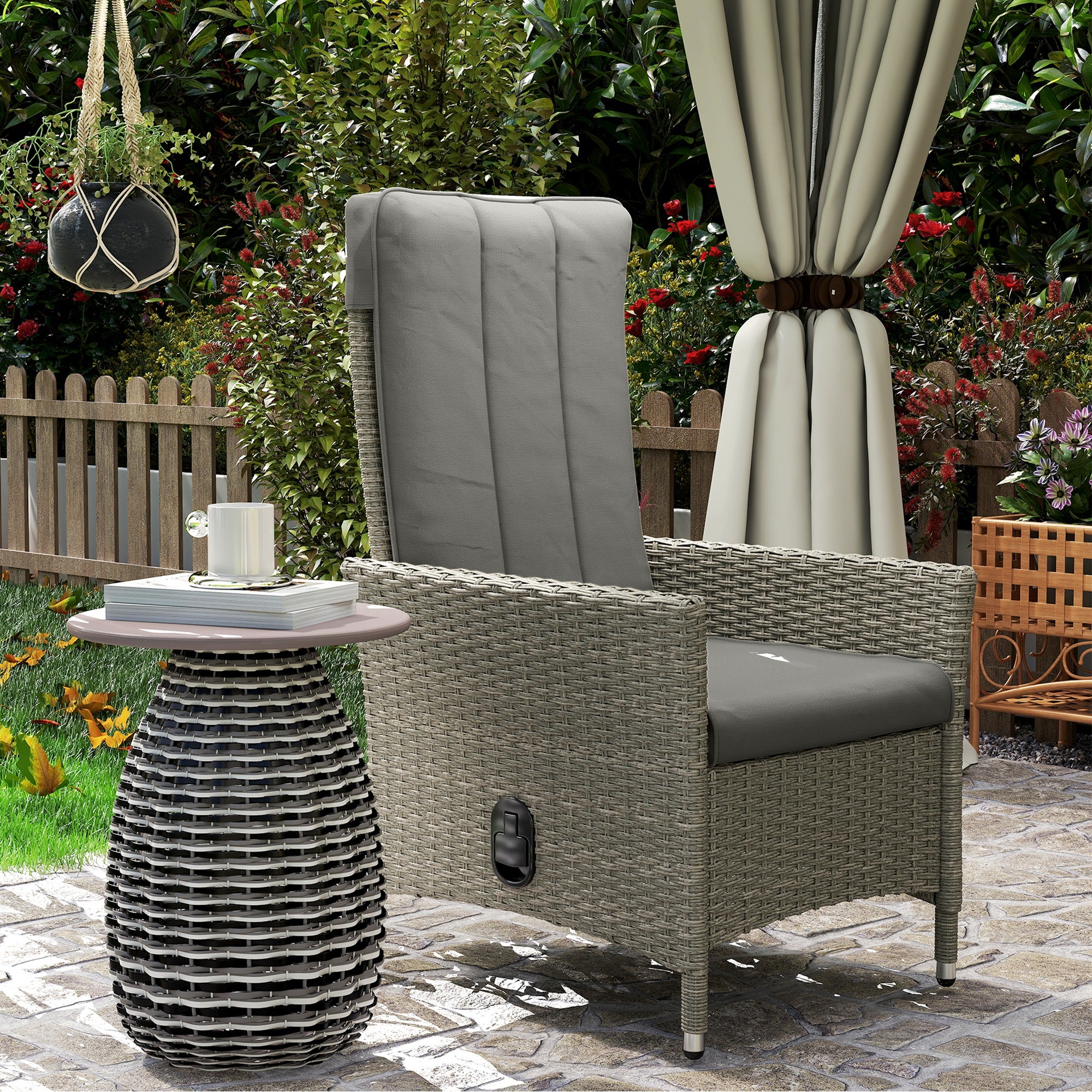 Wicker Outdoor Recliner Chair with Cushion - Grey-DECOROLALA