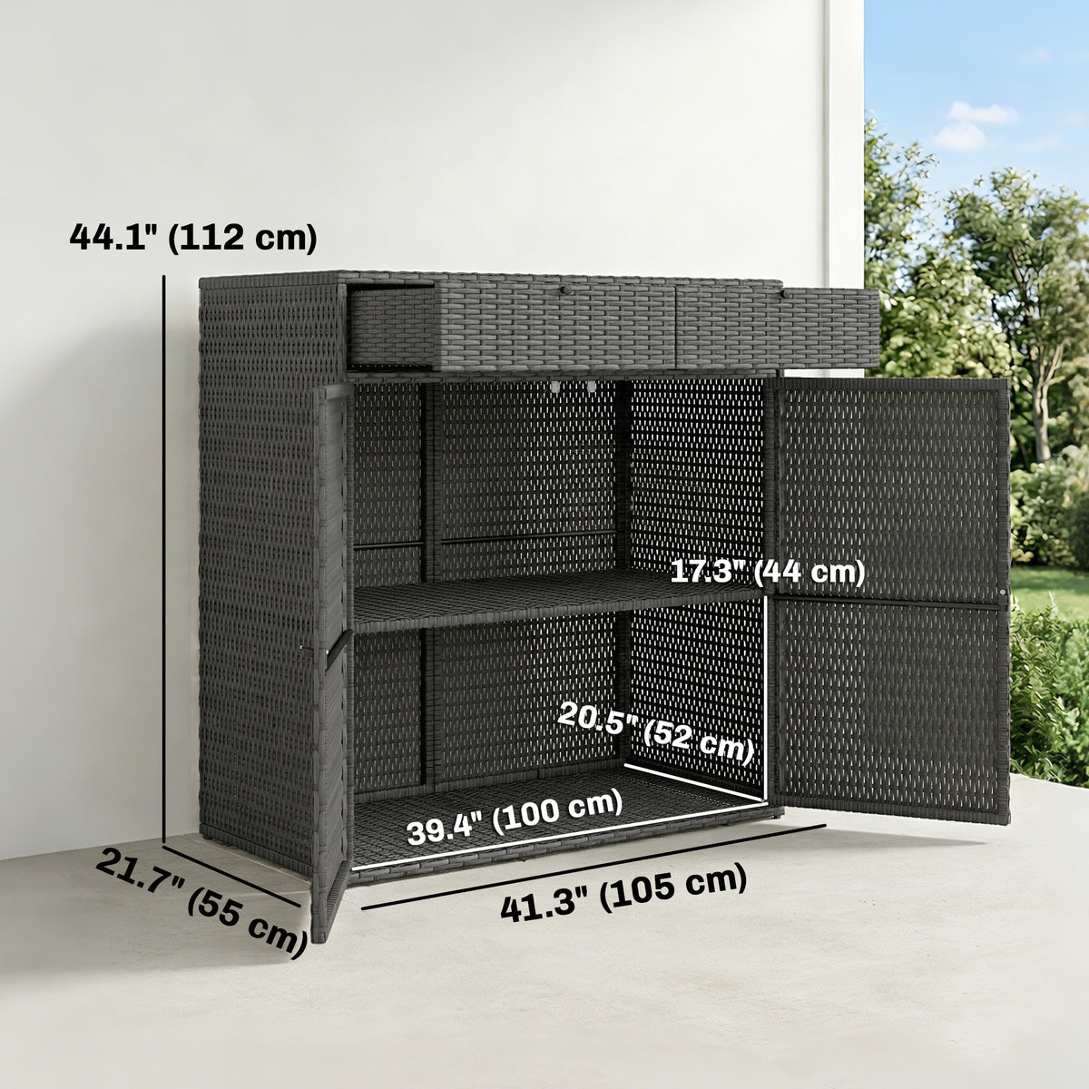 Wicker Outdoor Storage Cabinet, Dark Grey, 2-Tier, 2 Doors, Shelves, Drawers-Outdoor Storage Cabinets-DECOROLALA