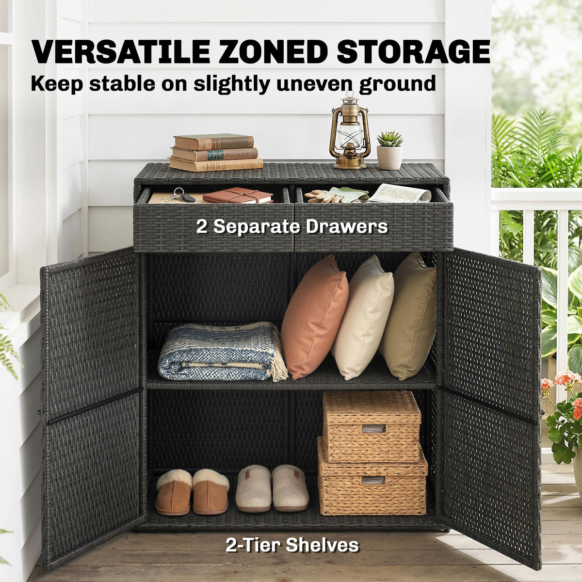 Wicker Outdoor Storage Cabinet, Dark Grey, 2-Tier, 2 Doors, Shelves, Drawers-Outdoor Storage Cabinets-DECOROLALA