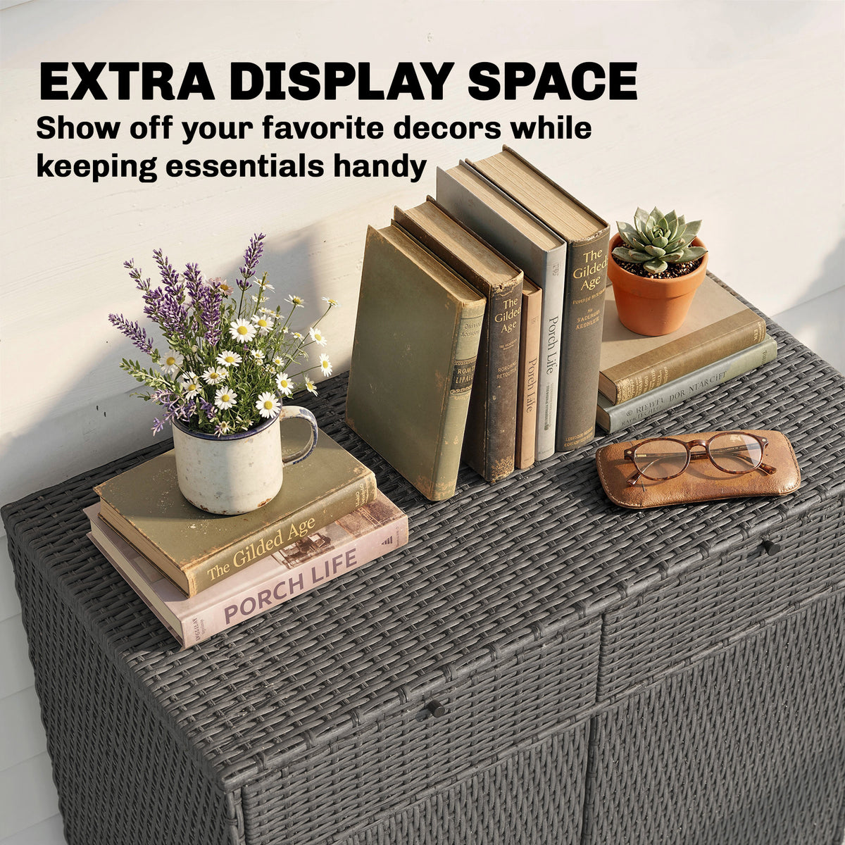 Wicker Outdoor Storage Cabinet, Dark Grey, 2-Tier, 2 Doors, Shelves, Drawers-Outdoor Storage Cabinets-DECOROLALA