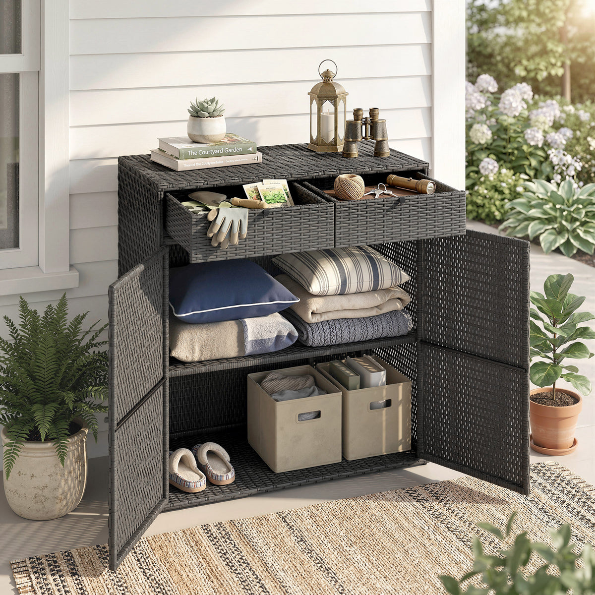 Wicker Outdoor Storage Cabinet, Dark Grey, 2-Tier, 2 Doors, Shelves, Drawers-Outdoor Storage Cabinets-DECOROLALA