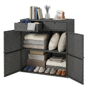 Wicker Outdoor Storage Cabinet, Dark Grey, 2-Tier, 2 Doors, Shelves, Drawers-Outdoor Storage Cabinets-DECOROLALA
