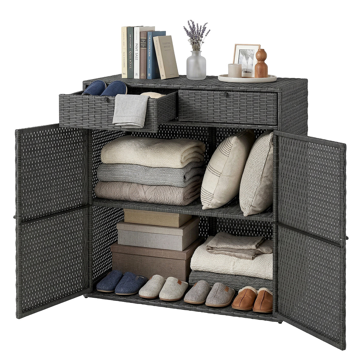 Wicker Outdoor Storage Cabinet, Dark Grey, 2-Tier, 2 Doors, Shelves, Drawers-Outdoor Storage Cabinets-DECOROLALA