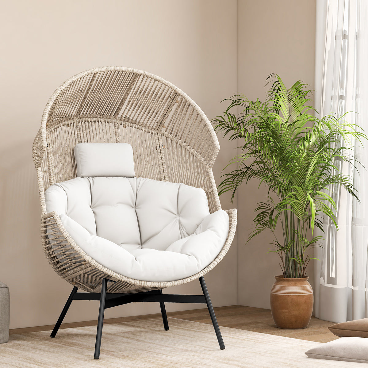 Wicker Oversized Egg Style Chair with Cushions and Headrest-Off White-Outdoor Chairs & Seating-DECOROLALA