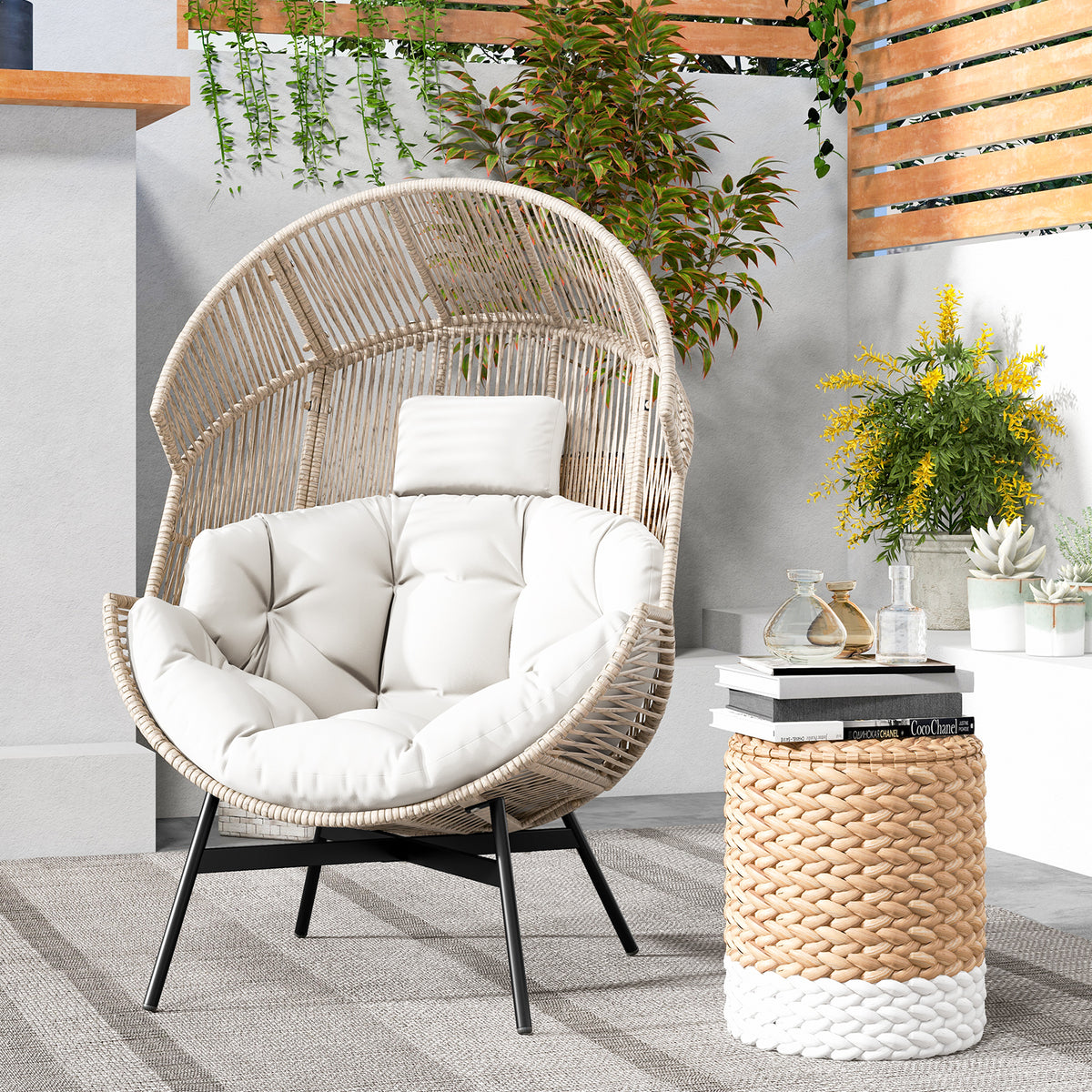 Wicker Oversized Egg Style Chair with Cushions and Headrest-Off White-Outdoor Chairs & Seating-DECOROLALA