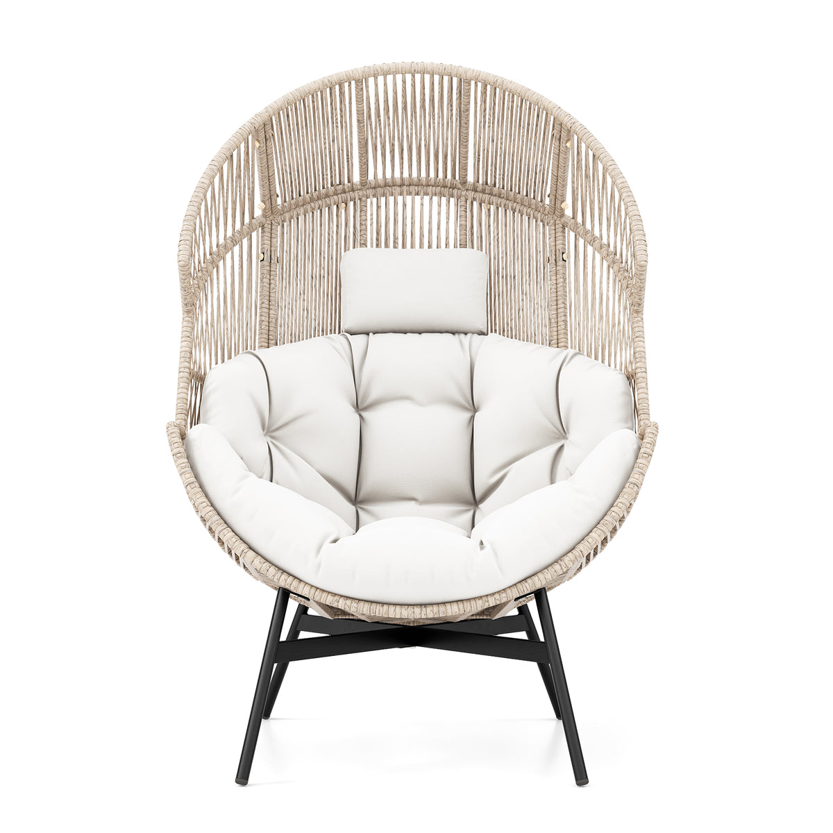 Wicker Oversized Egg Style Chair with Cushions and Headrest-Off White-Outdoor Chairs & Seating-DECOROLALA