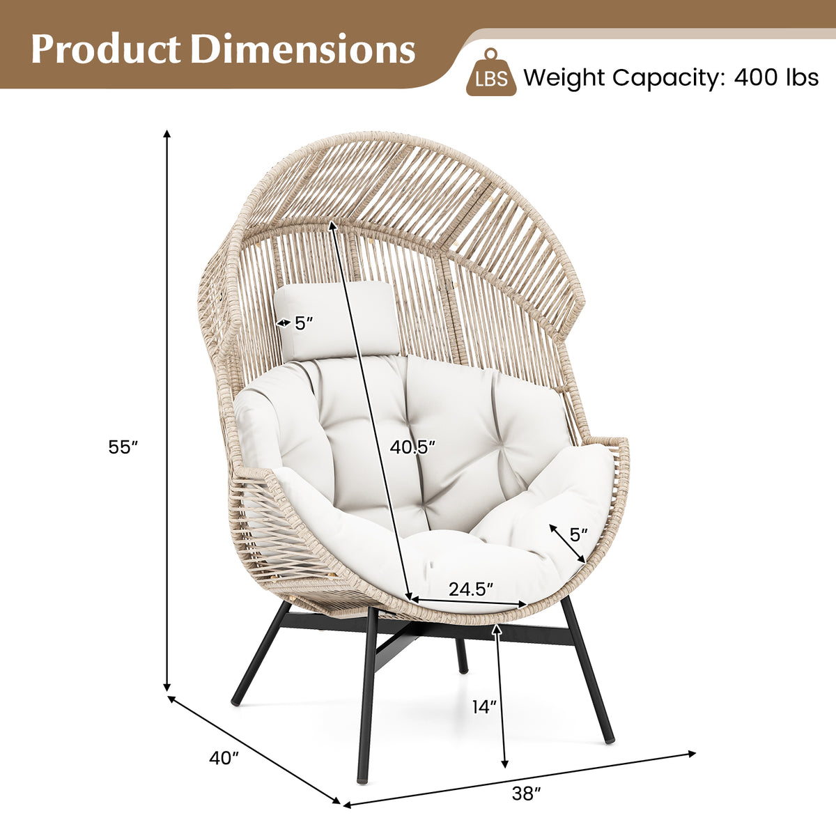 Wicker Oversized Egg Style Chair with Cushions and Headrest-Off White-Outdoor Chairs & Seating-DECOROLALA