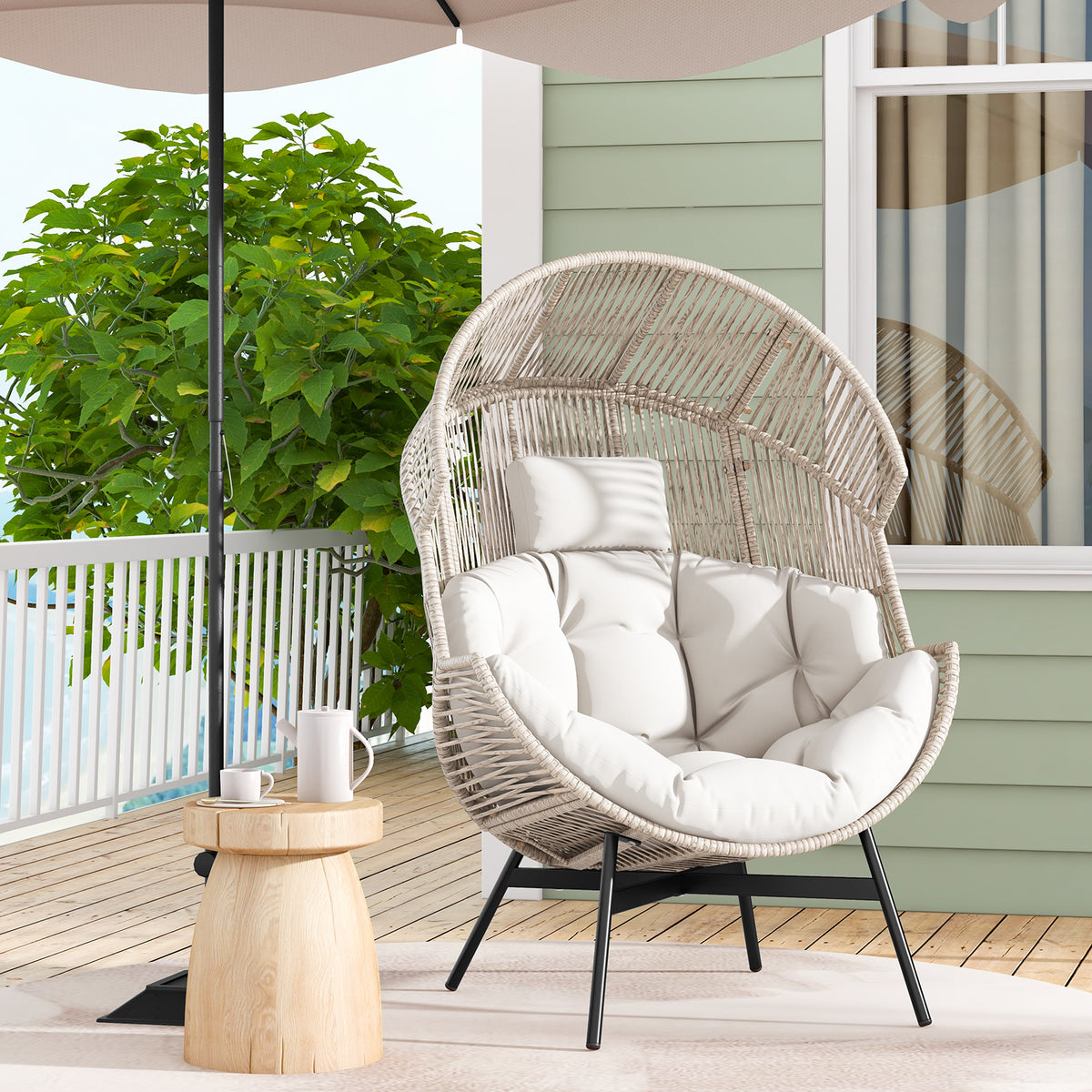 Wicker Oversized Egg Style Chair with Cushions and Headrest-Off White-Outdoor Chairs & Seating-DECOROLALA
