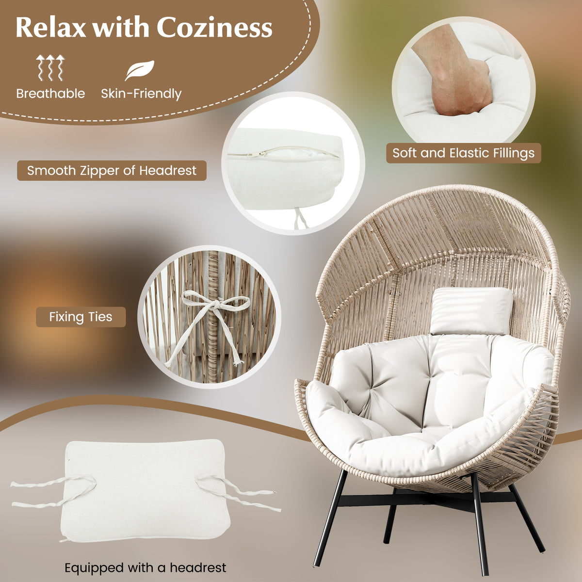 Wicker Oversized Egg Style Chair with Cushions and Headrest-Off White-Outdoor Chairs & Seating-DECOROLALA
