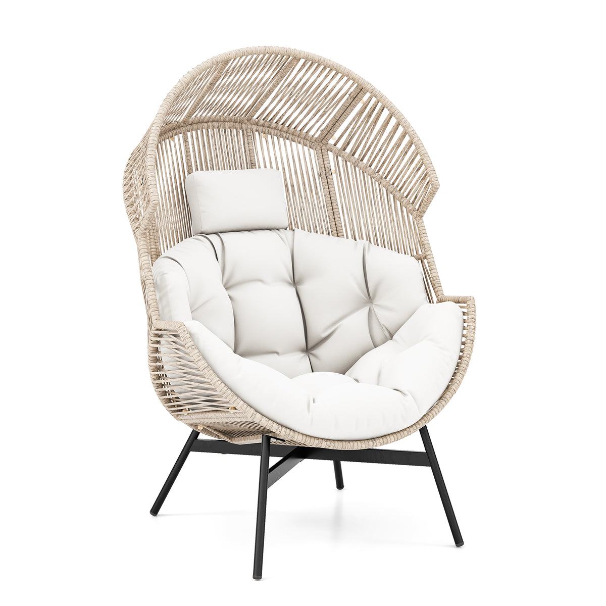 Wicker Oversized Egg Style Chair with Cushions and Headrest-Off White-Outdoor Chairs & Seating-DECOROLALA