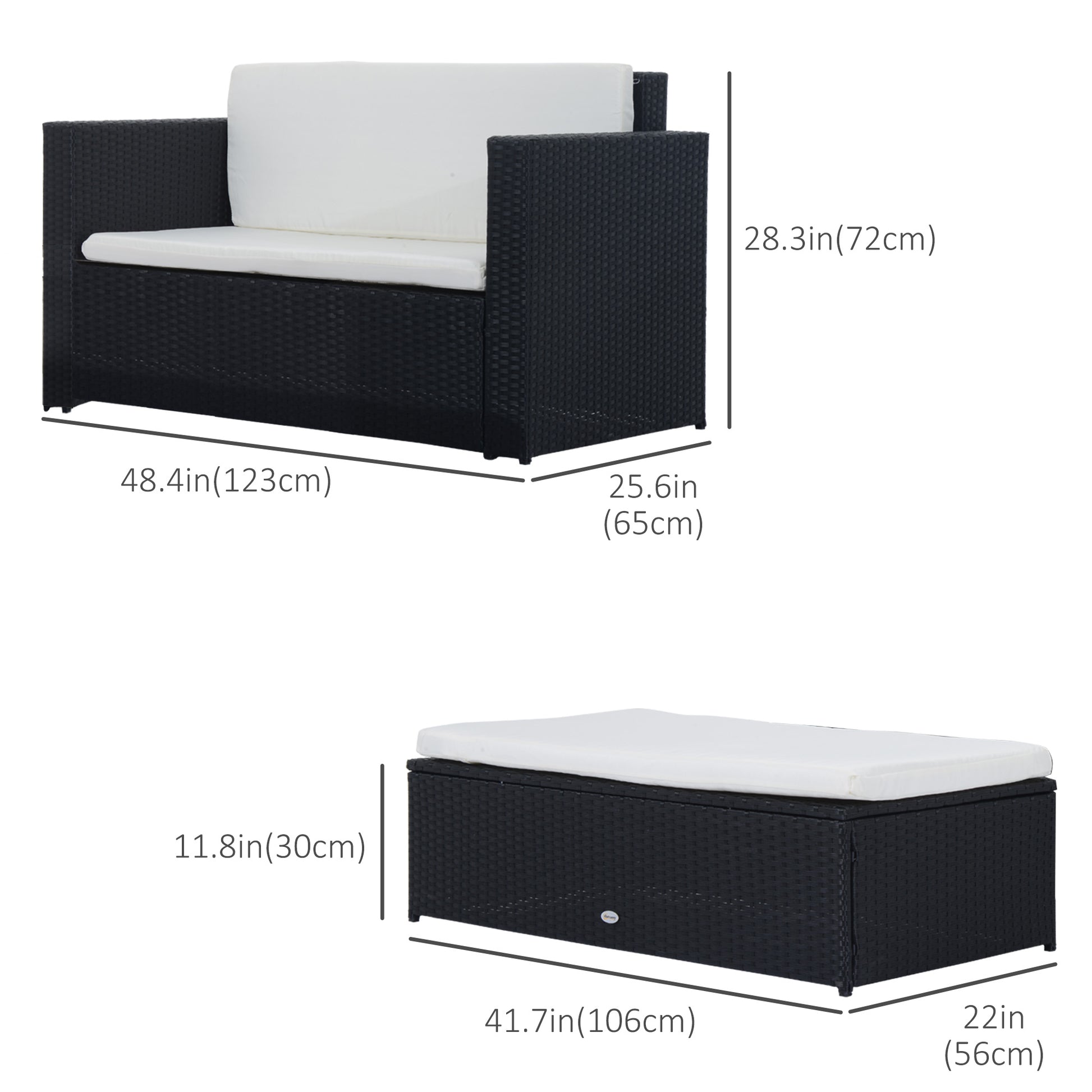 Wicker Patio Furniture Set 2-Seat Sofa Ottoman Cream-DECOROLALA