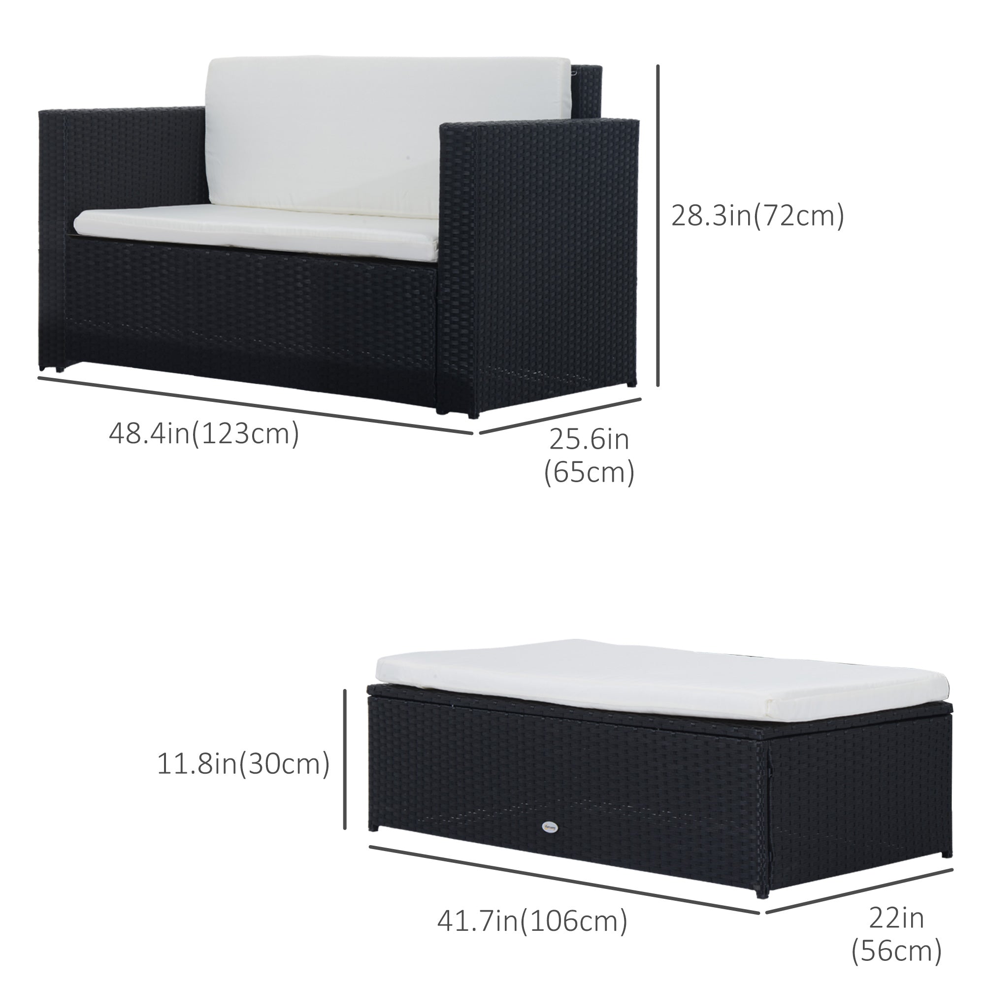 Wicker Patio Furniture Set 2-Seat Sofa Ottoman Cream-DECOROLALA