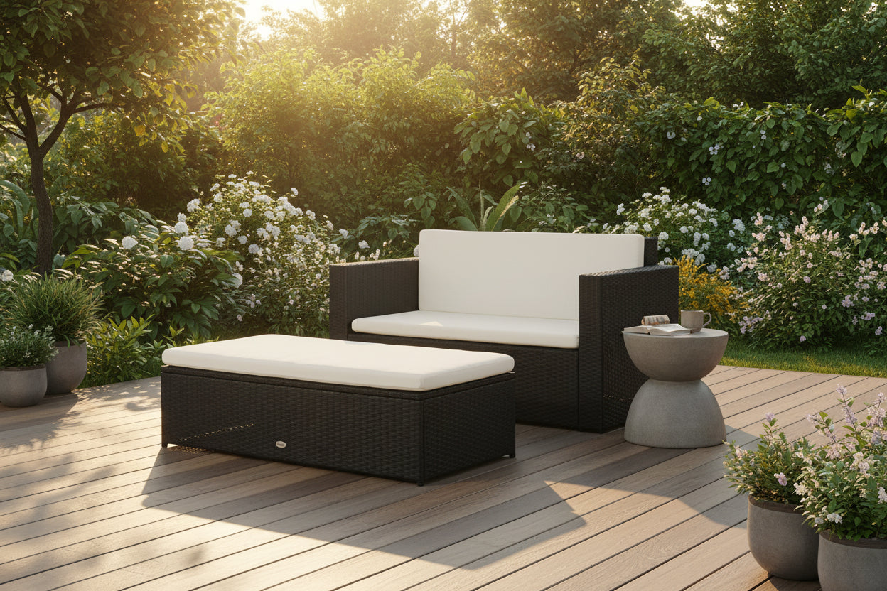 Wicker Patio Furniture Set 2-Seat Sofa Ottoman Cream-DECOROLALA