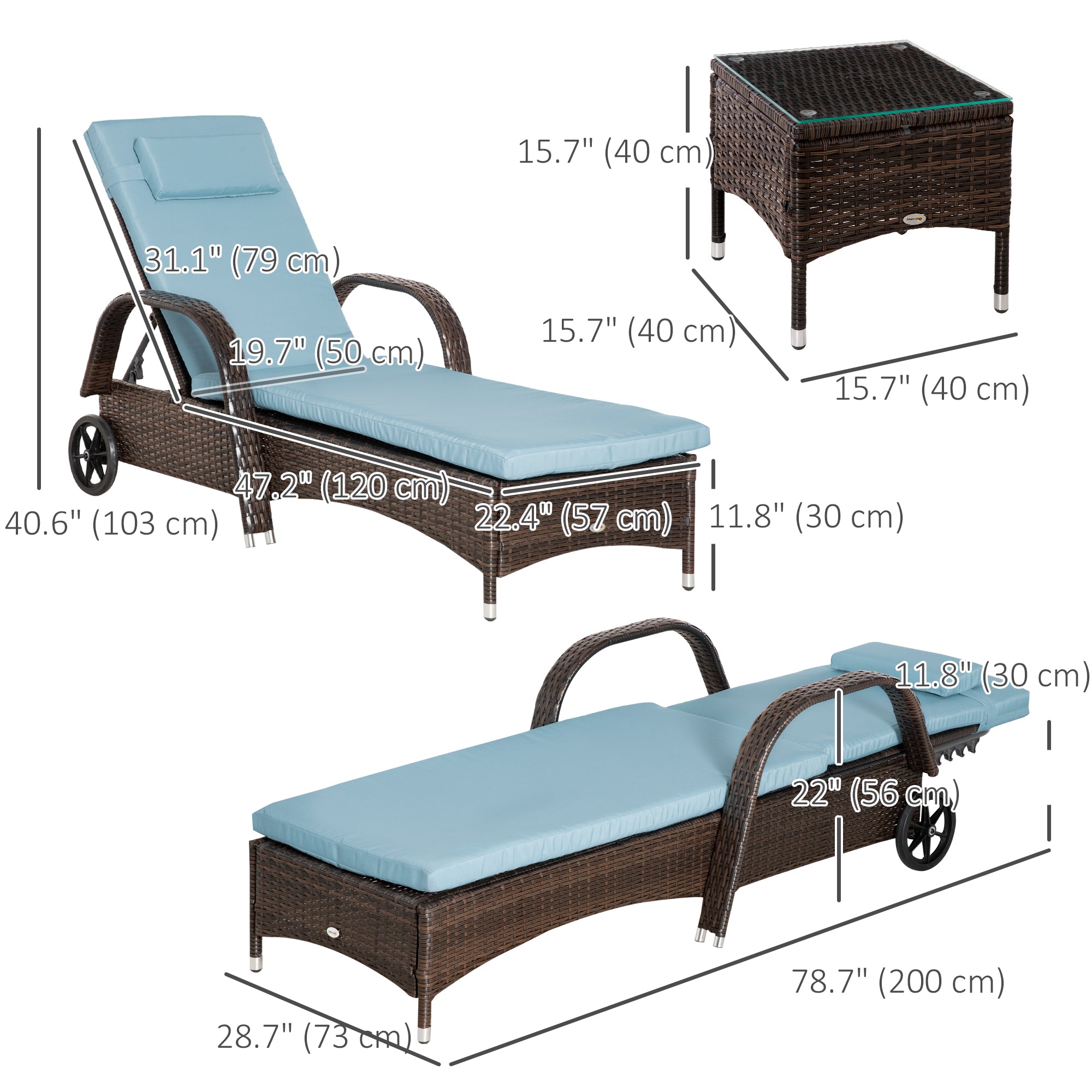 Wicker Patio Lounger Set, 3-Piece Brown/Grey with Table & Cushions, Reclining, Wheels-DECOROLALA