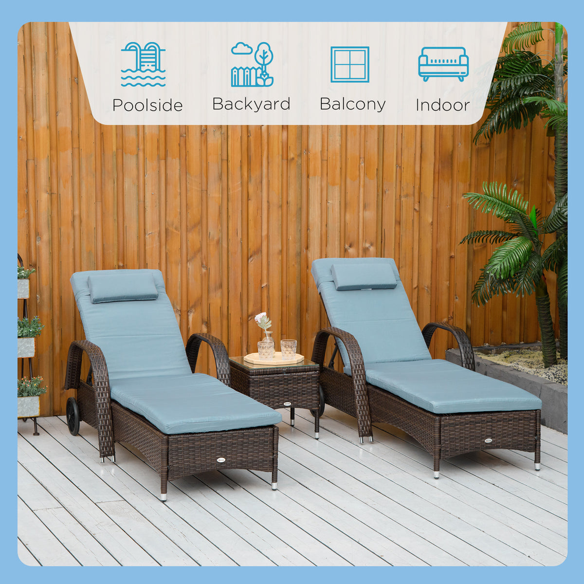 Wicker Patio Lounger Set, 3-Piece Brown/Grey with Table & Cushions, Reclining, Wheels-Outdoor Chaise Lounges-DECOROLALA