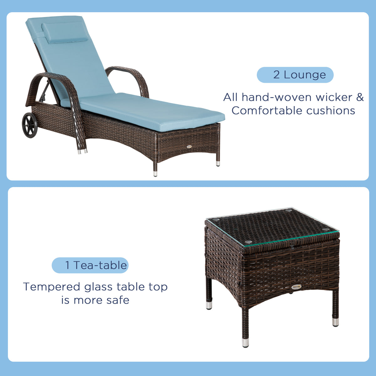 Wicker Patio Lounger Set, 3-Piece Brown/Grey with Table & Cushions, Reclining, Wheels-Outdoor Chaise Lounges-DECOROLALA