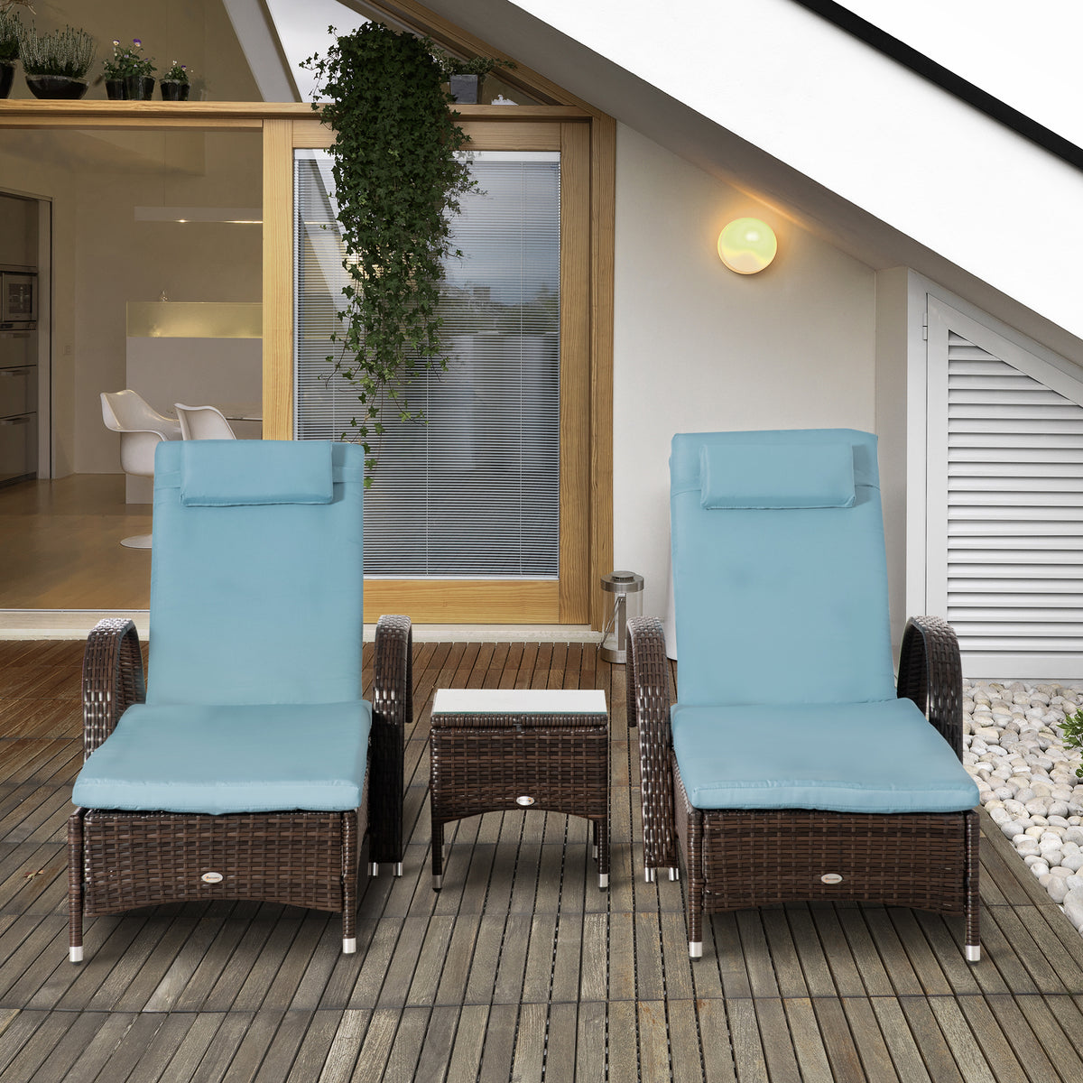 Wicker Patio Lounger Set, 3-Piece Brown/Grey with Table & Cushions, Reclining, Wheels-Outdoor Chaise Lounges-DECOROLALA