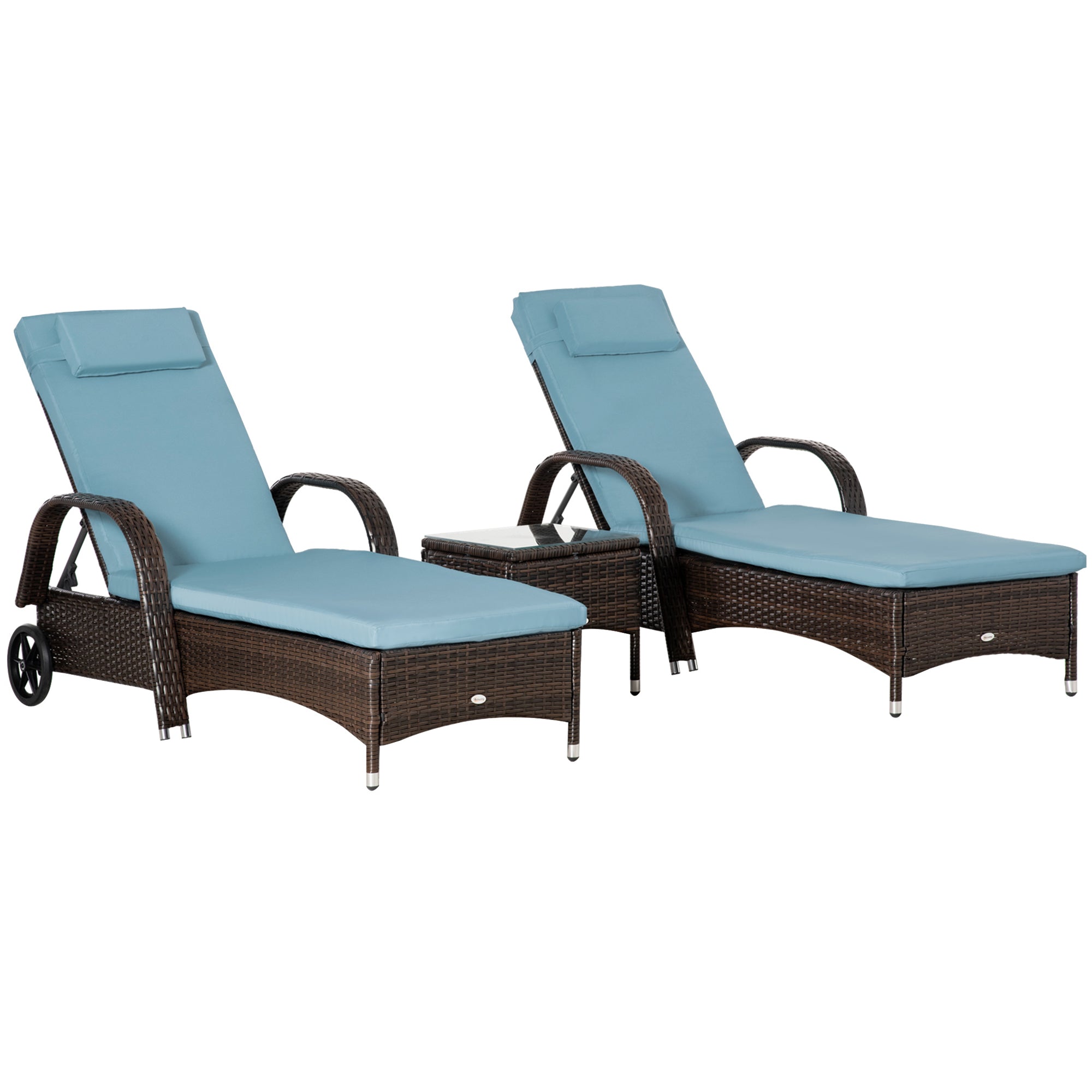 Wicker Patio Lounger Set, 3-Piece Brown/Grey with Table & Cushions, Reclining, Wheels-DECOROLALA