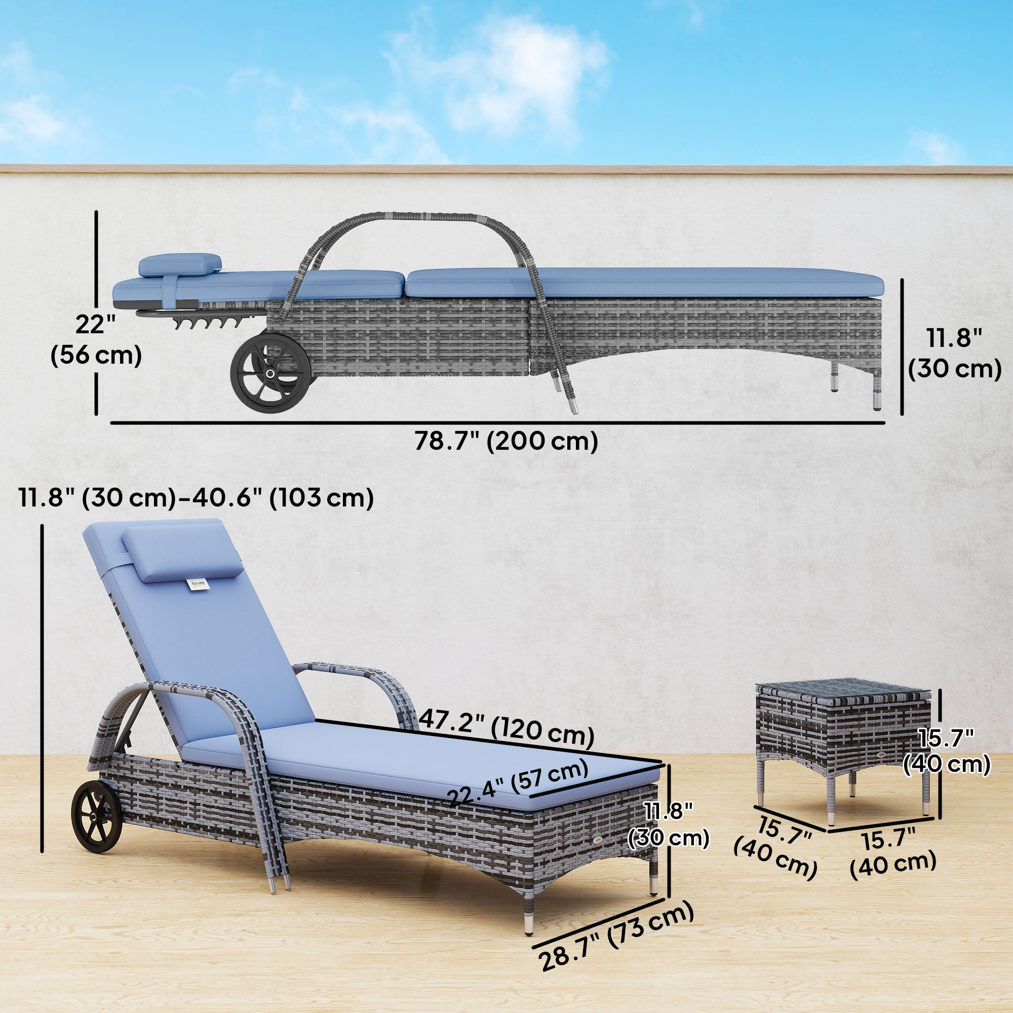 Wicker Patio Lounger Set, 3-Piece Grey, Recliner, Table, Cushions, Wheels-DECOROLALA