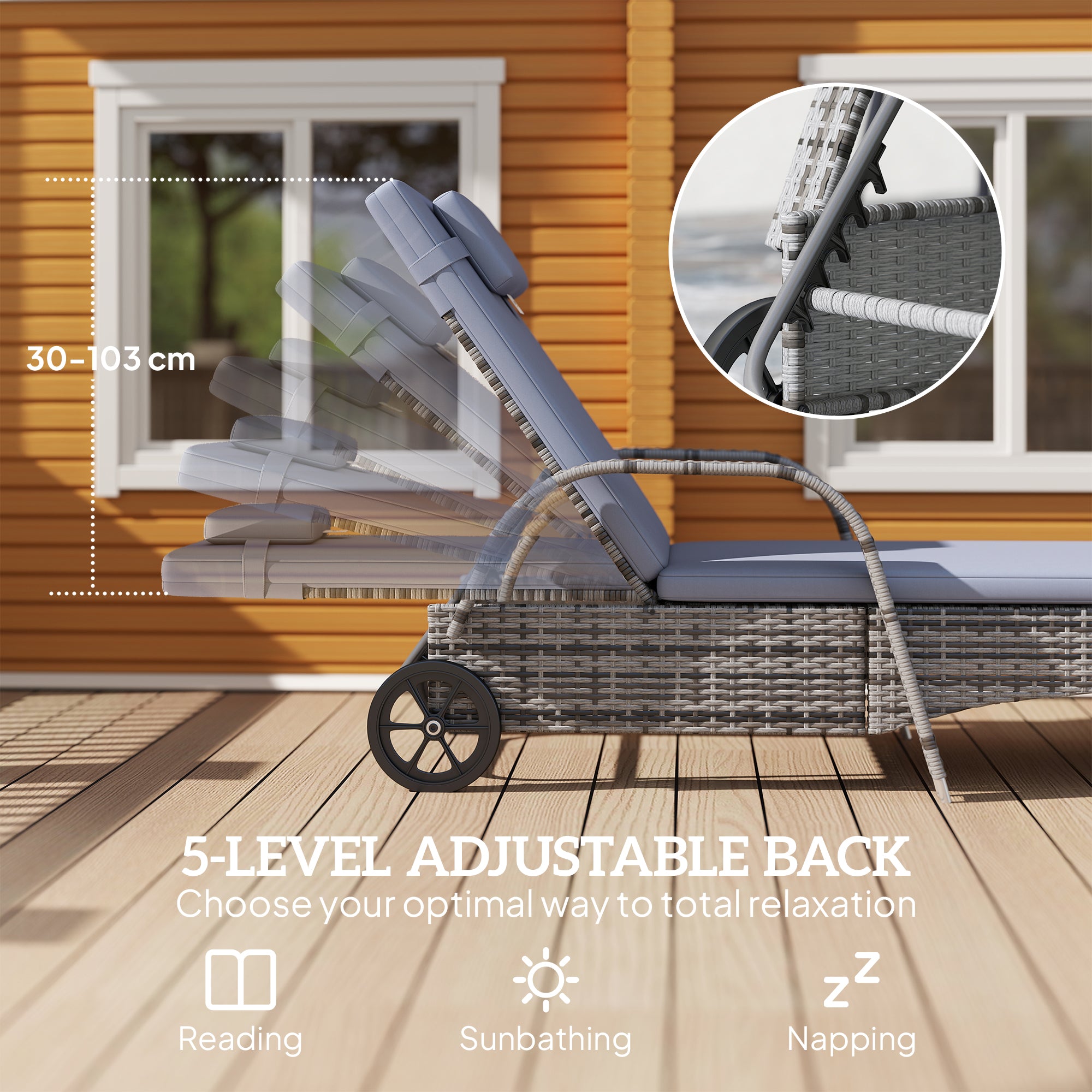 Wicker Patio Lounger Set, 3-Piece Grey, Recliner, Table, Cushions, Wheels-DECOROLALA