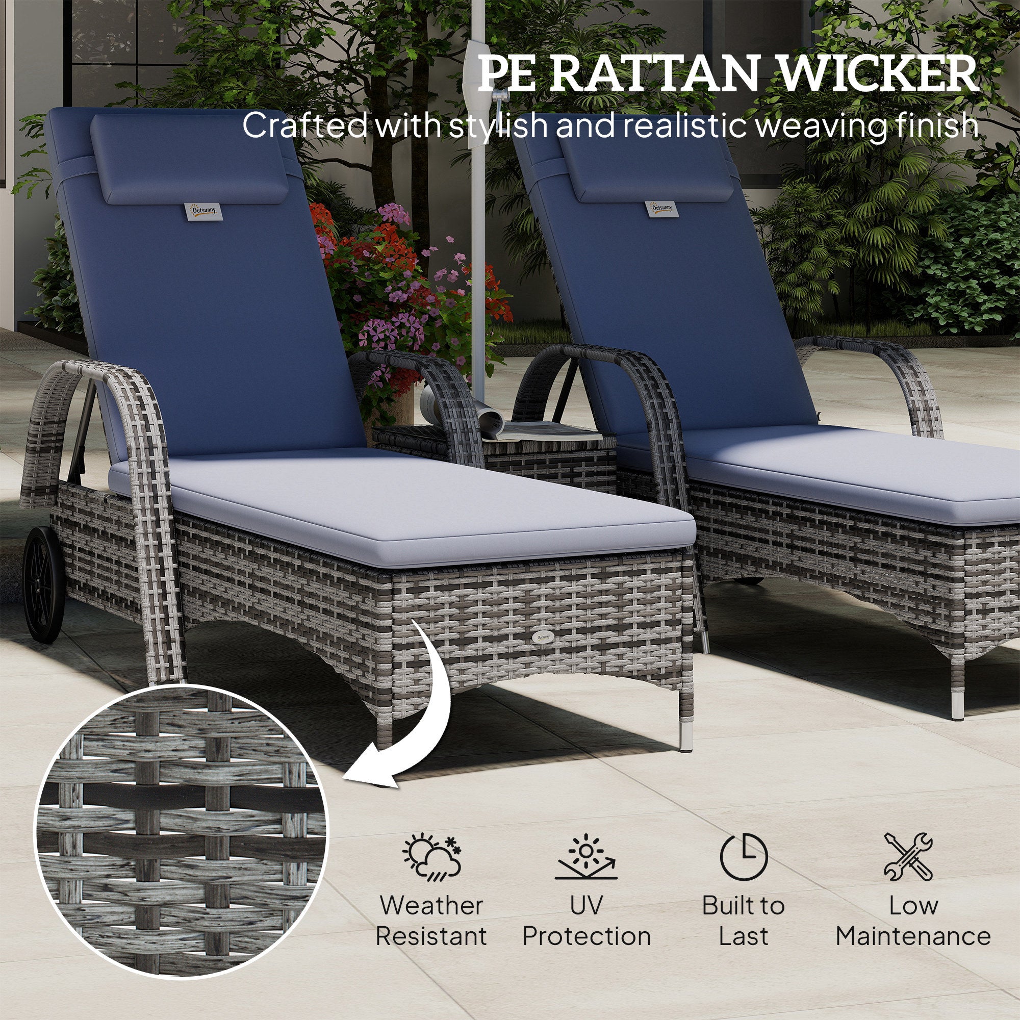 Wicker Patio Lounger Set, 3-Piece Grey, Recliner, Table, Cushions, Wheels-DECOROLALA