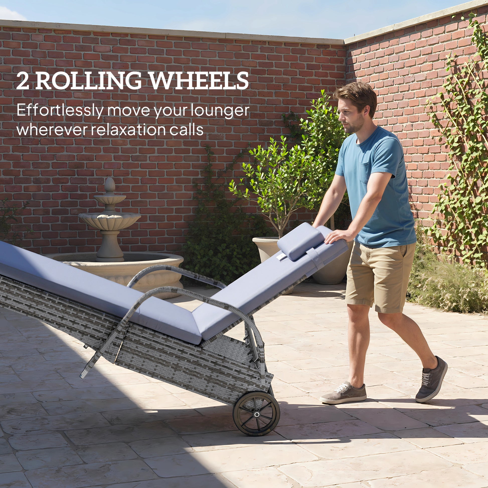 Wicker Patio Lounger Set, 3-Piece Grey, Recliner, Table, Cushions, Wheels-DECOROLALA