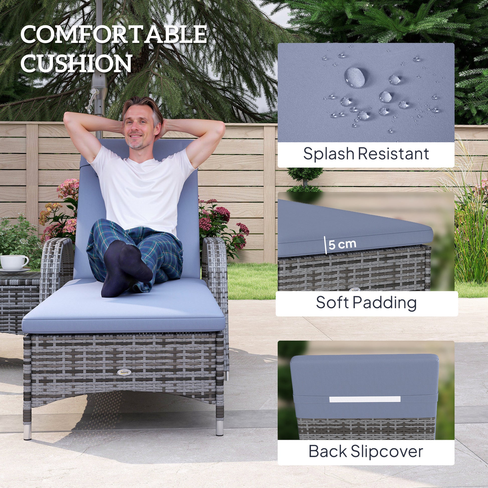 Wicker Patio Lounger Set, 3-Piece Grey, Recliner, Table, Cushions, Wheels-DECOROLALA