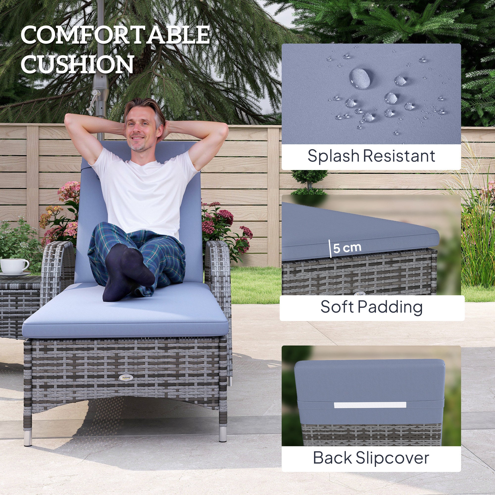 Wicker Patio Lounger Set, 3-Piece Grey, Recliner, Table, Cushions, Wheels-DECOROLALA