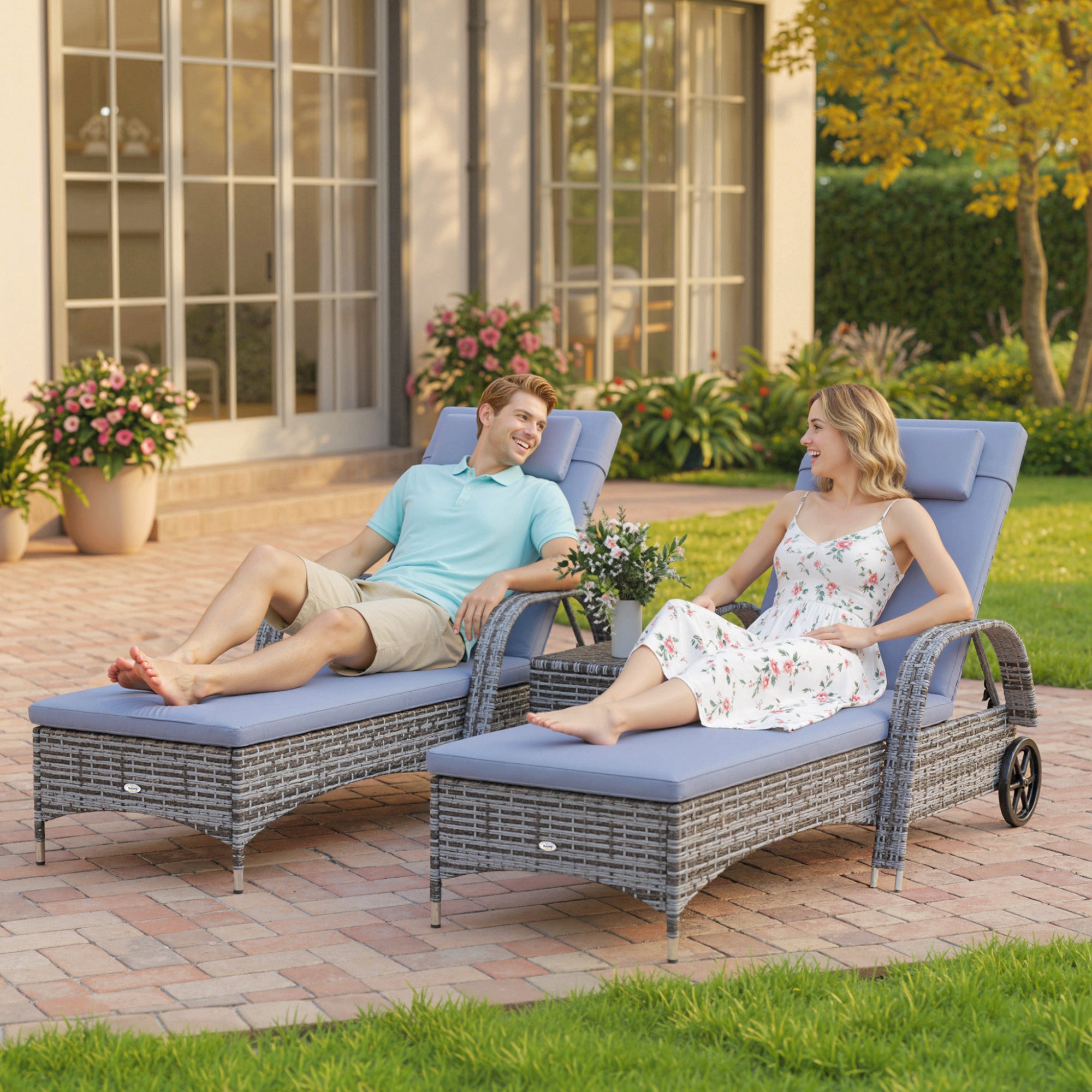 Wicker Patio Lounger Set, 3-Piece Grey, Recliner, Table, Cushions, Wheels-DECOROLALA