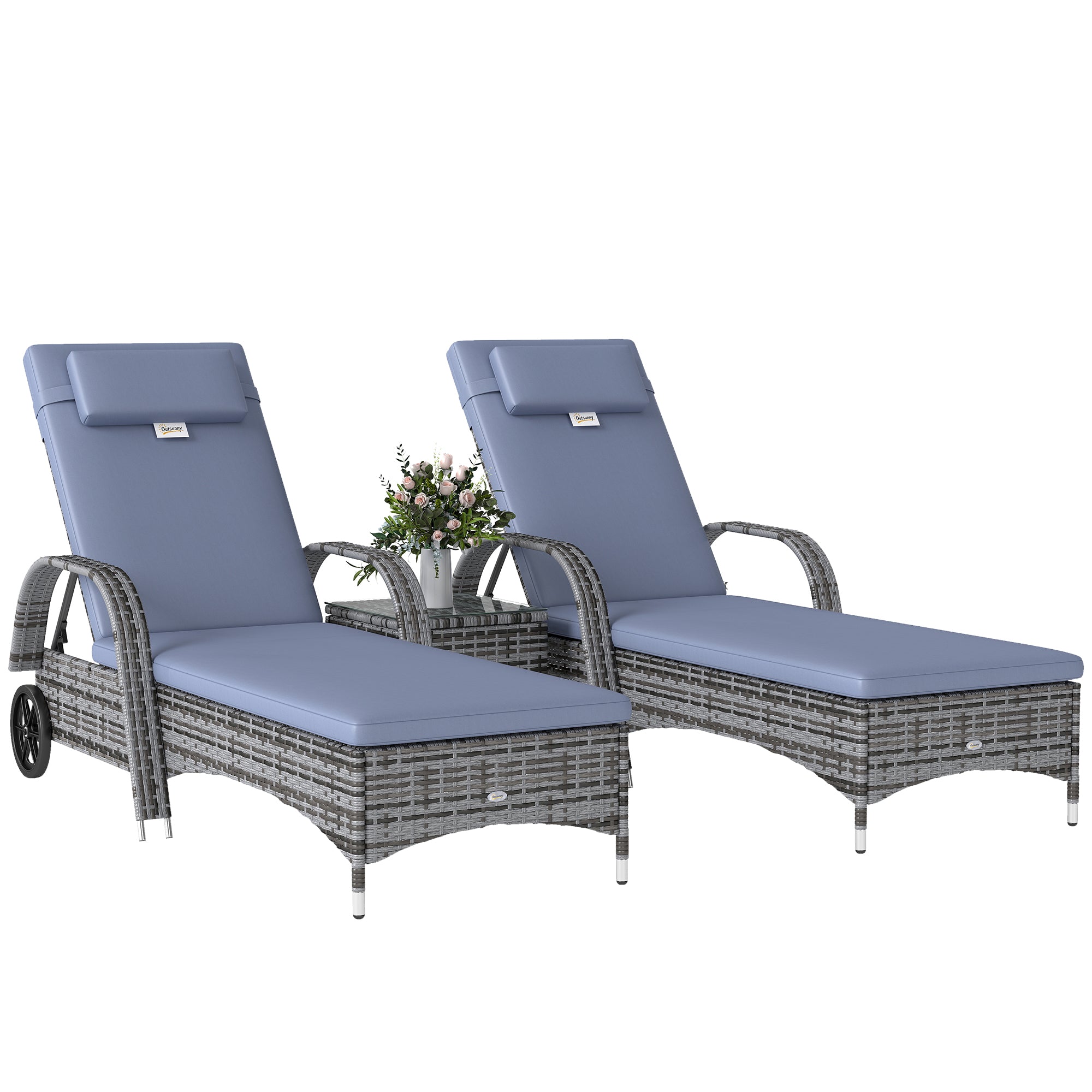 Wicker Patio Lounger Set, 3-Piece Grey, Recliner, Table, Cushions, Wheels-DECOROLALA