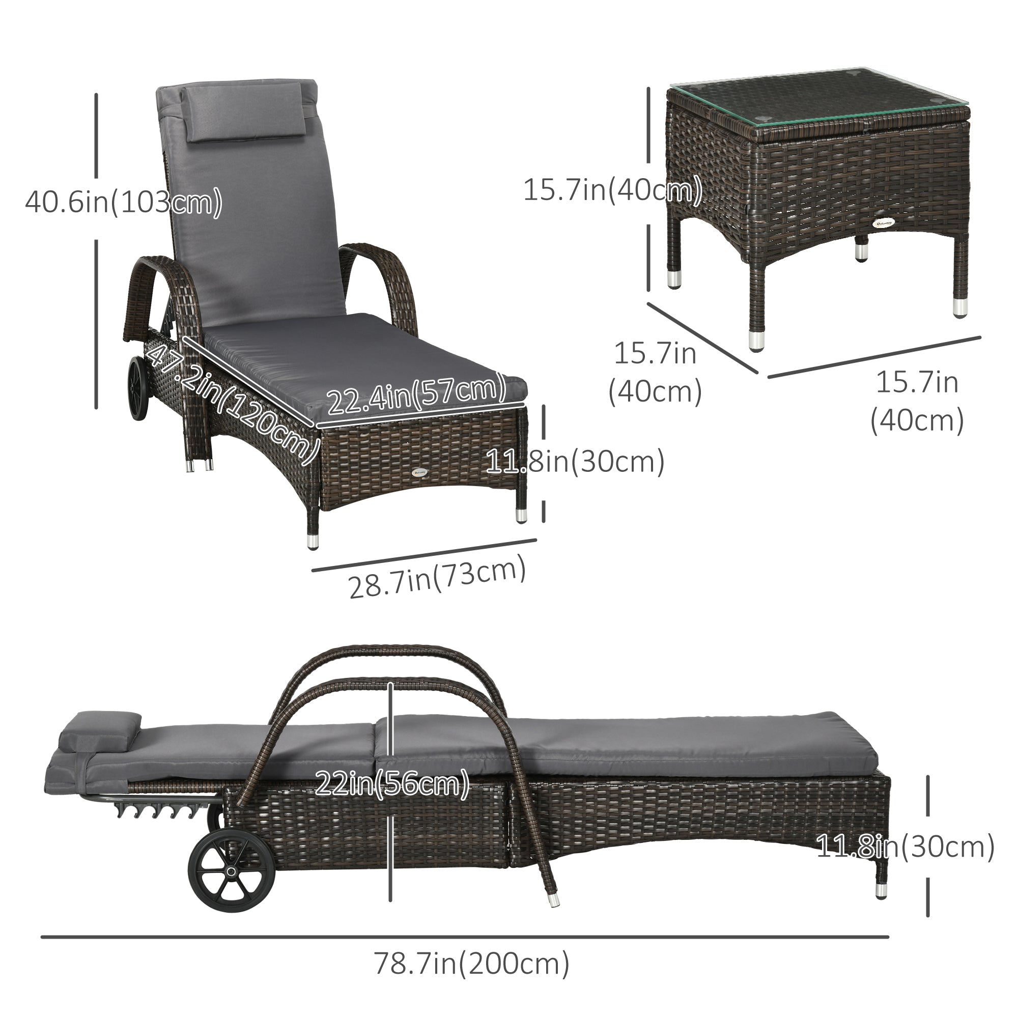 Wicker Patio Lounger Set, 3-Piece PE Rattan, 5-Level Recline, Brown/Grey-DECOROLALA