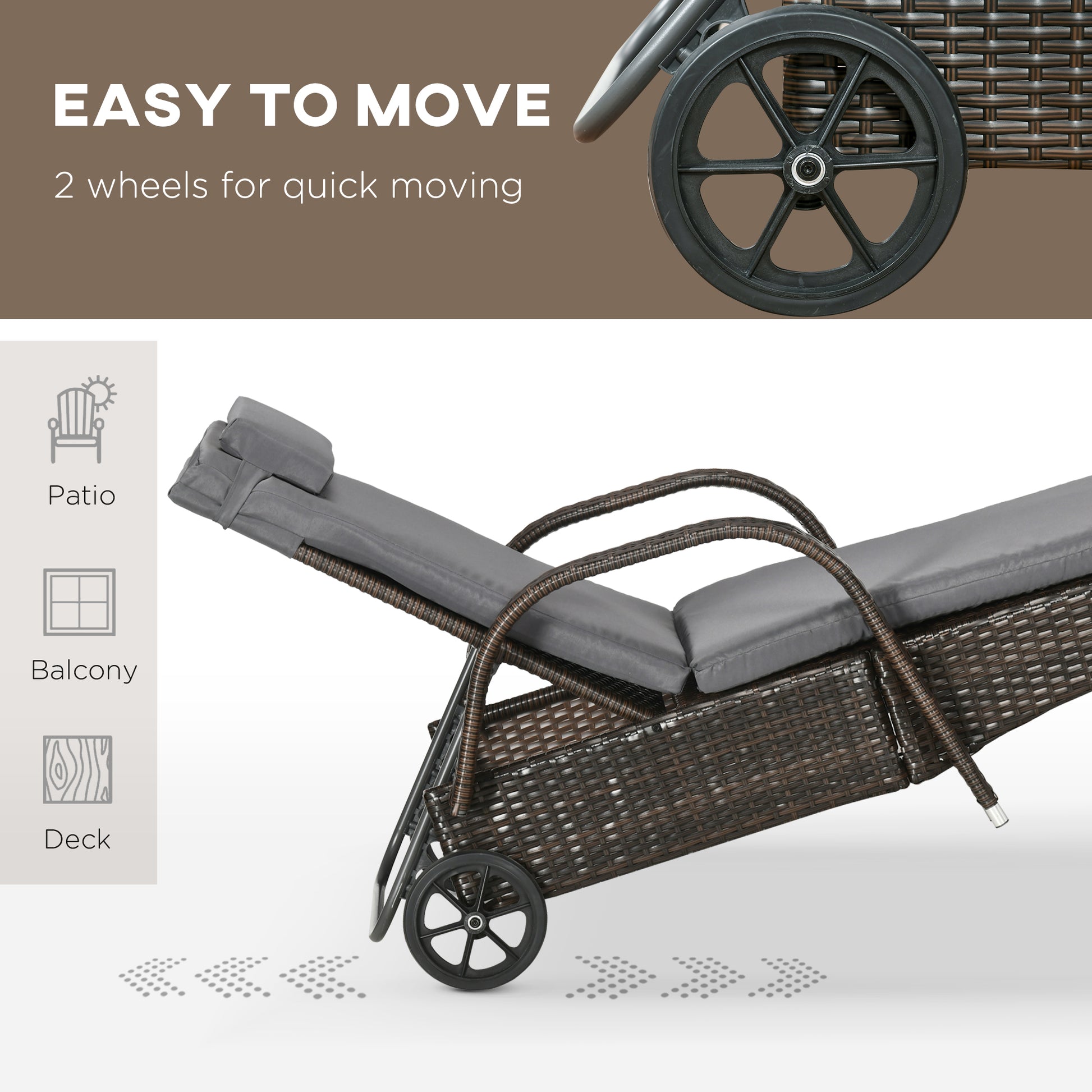 Wicker Patio Lounger Set, 3-Piece PE Rattan, 5-Level Recline, Brown/Grey-DECOROLALA