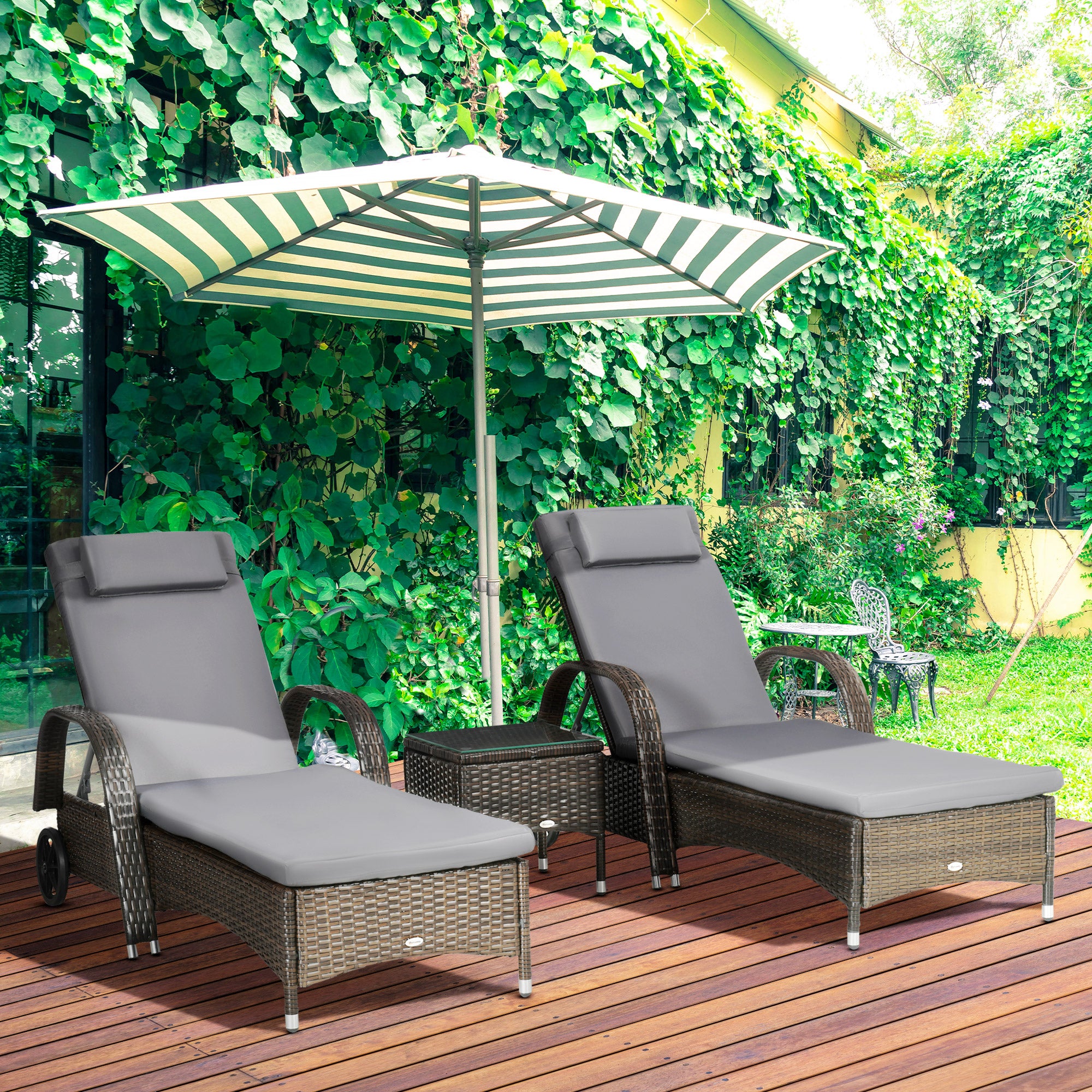 Wicker Patio Lounger Set, 3-Piece PE Rattan, 5-Level Recline, Brown/Grey-DECOROLALA