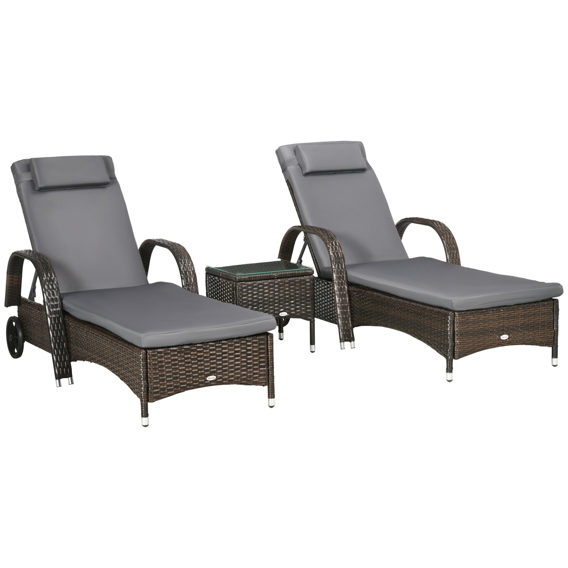 Wicker Patio Lounger Set, 3-Piece PE Rattan, 5-Level Recline, Brown/Grey-DECOROLALA