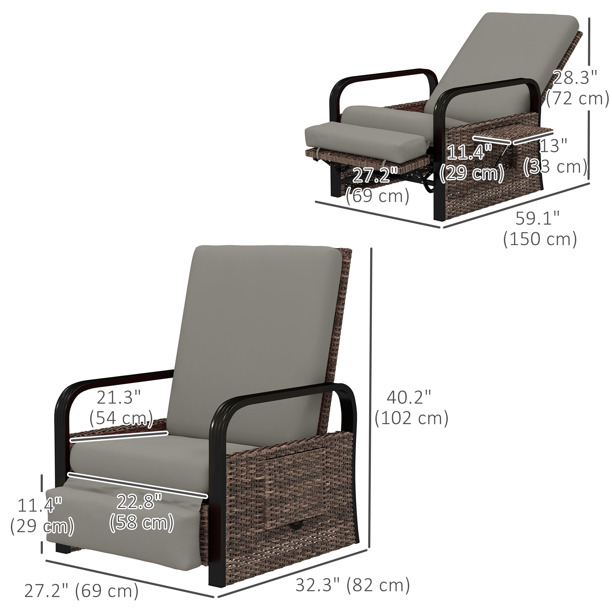 Wicker Reclining Lounge Chair - Light Grey Adjustable-DECOROLALA