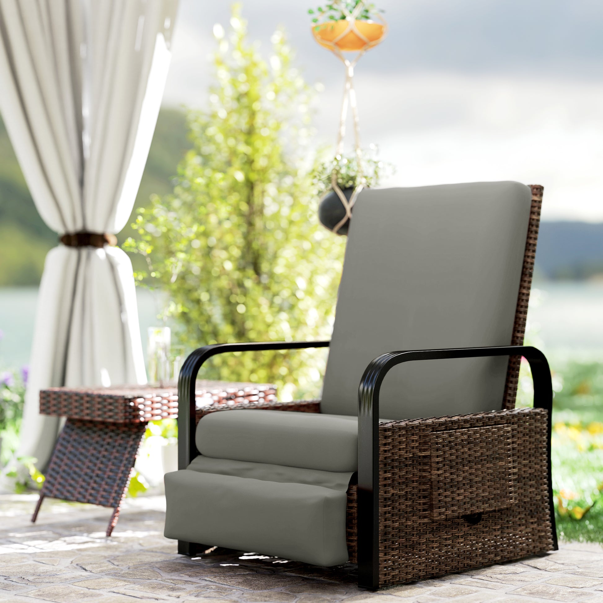 Wicker Reclining Lounge Chair - Light Grey Adjustable-DECOROLALA