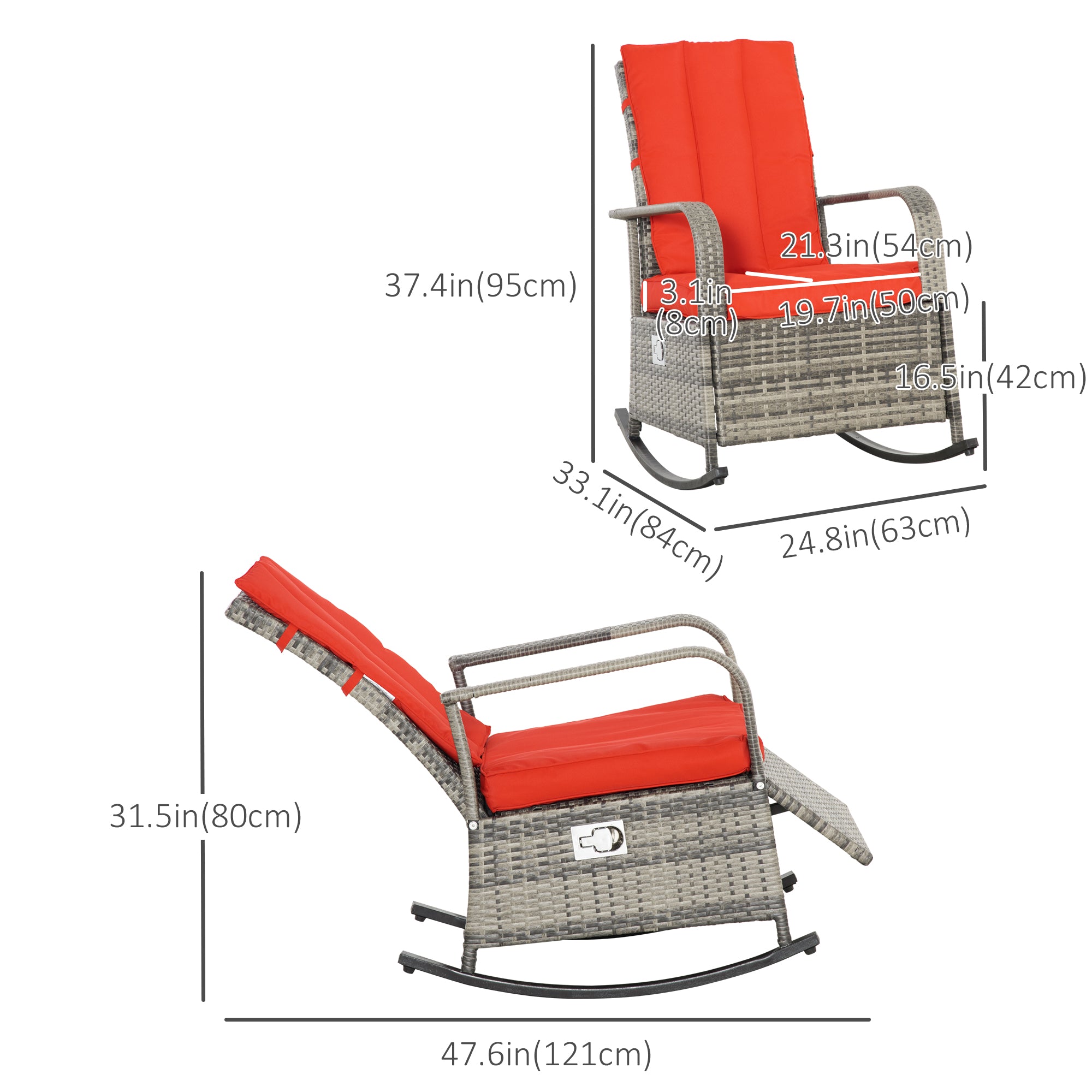 Wicker Rocking Chair with Cushion, Red Recliner Patio Chair, Adjustable Footrest, Armrests-DECOROLALA