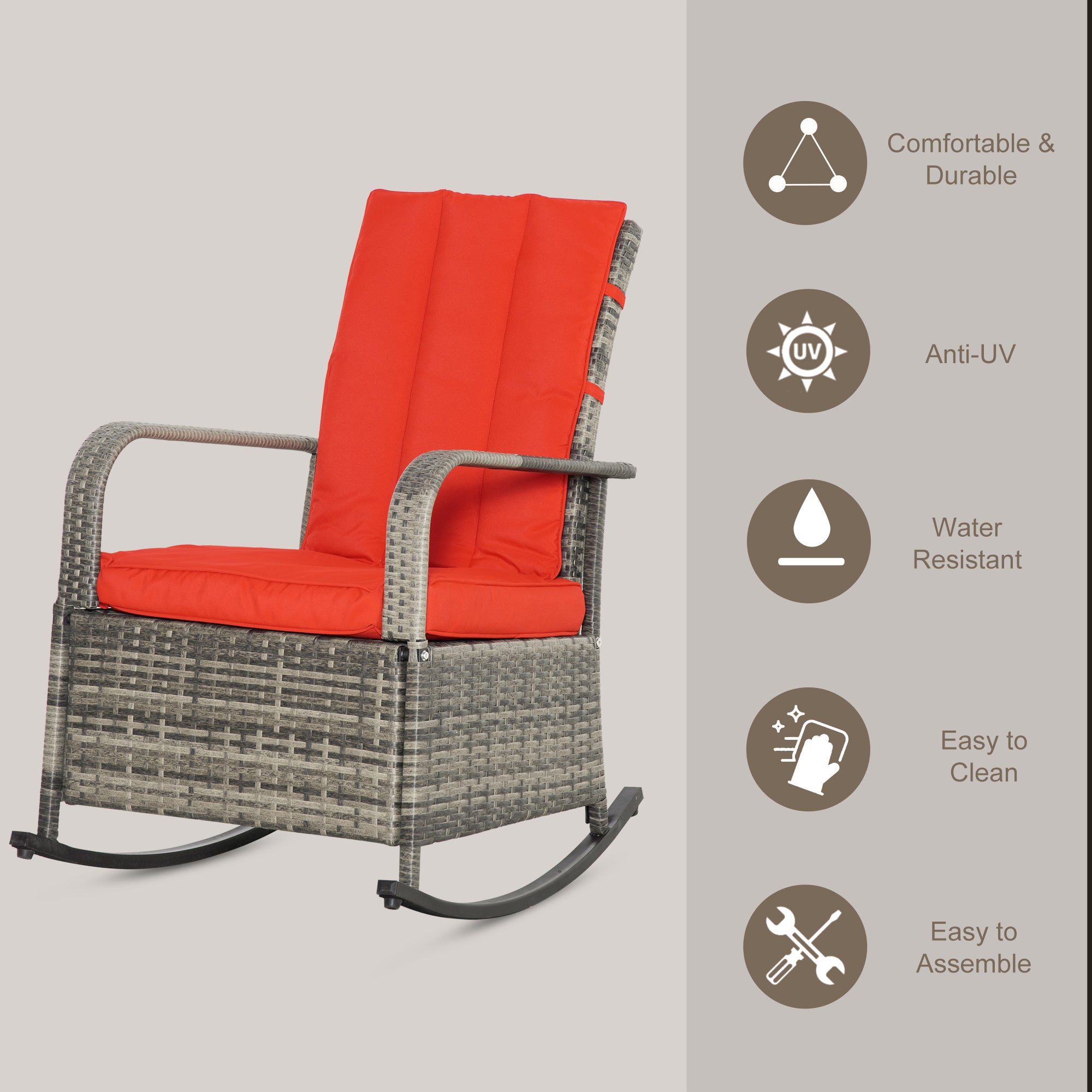 Wicker Rocking Chair with Cushion, Red Recliner Patio Chair, Adjustable Footrest, Armrests-DECOROLALA