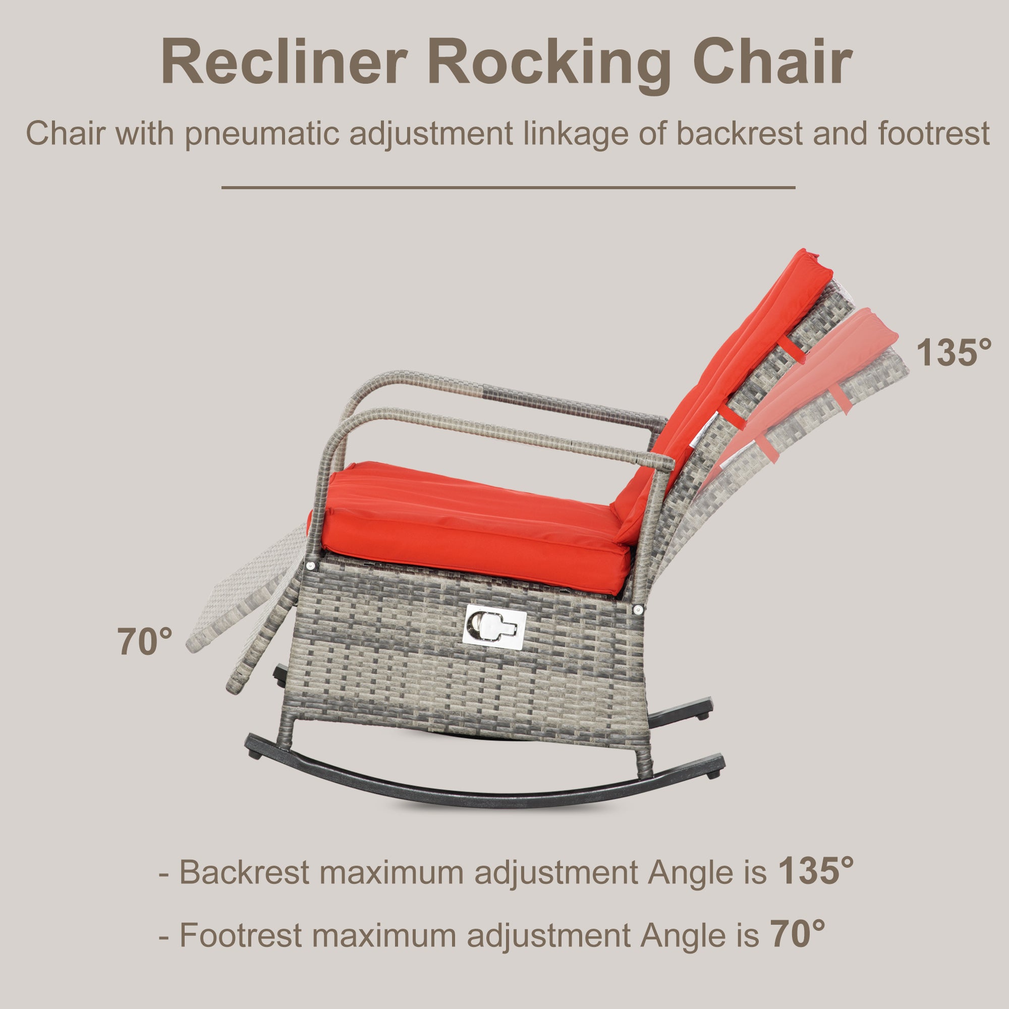 Wicker Rocking Chair with Cushion, Red Recliner Patio Chair, Adjustable Footrest, Armrests-DECOROLALA