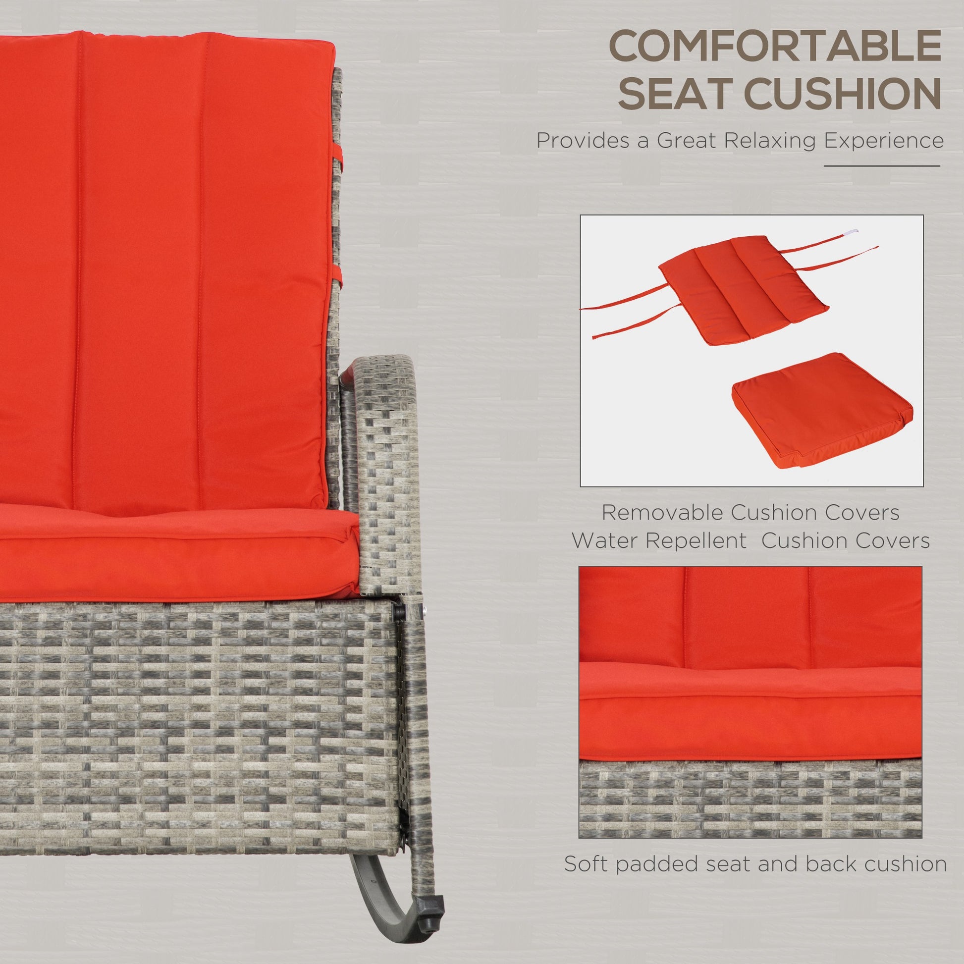 Wicker Rocking Chair with Cushion, Red Recliner Patio Chair, Adjustable Footrest, Armrests-DECOROLALA